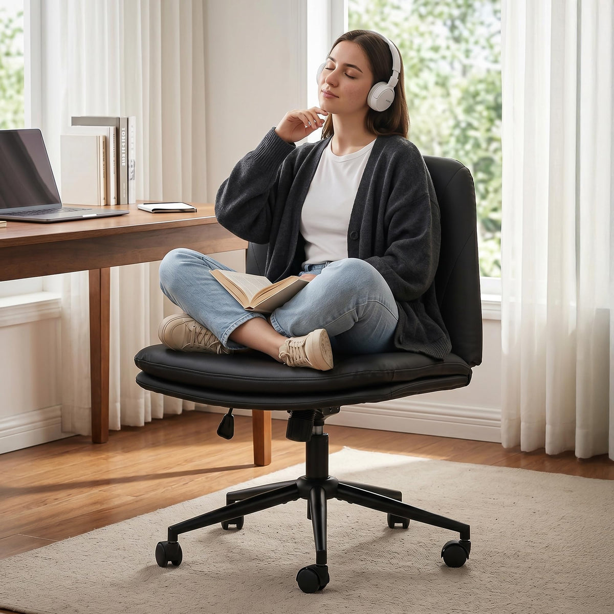 Zen Cross Legged Chair for Work from Home, Cross Legged Wide Computer Chair (Black)