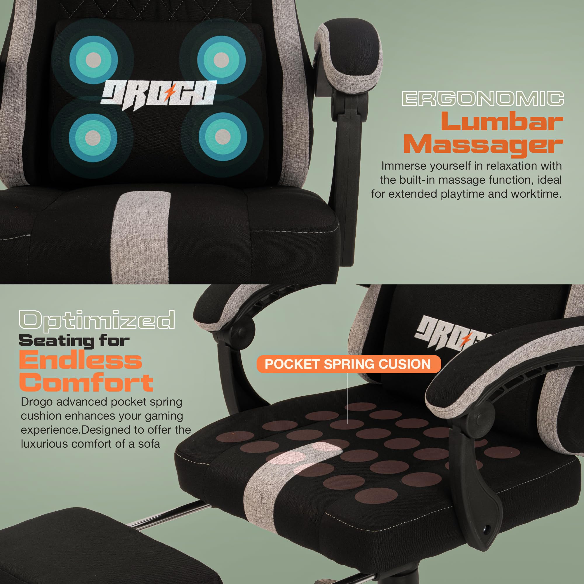 Drogo ComfortMax Ergonomic Gaming Chair with Breathable Fabric, Adjustable Neck