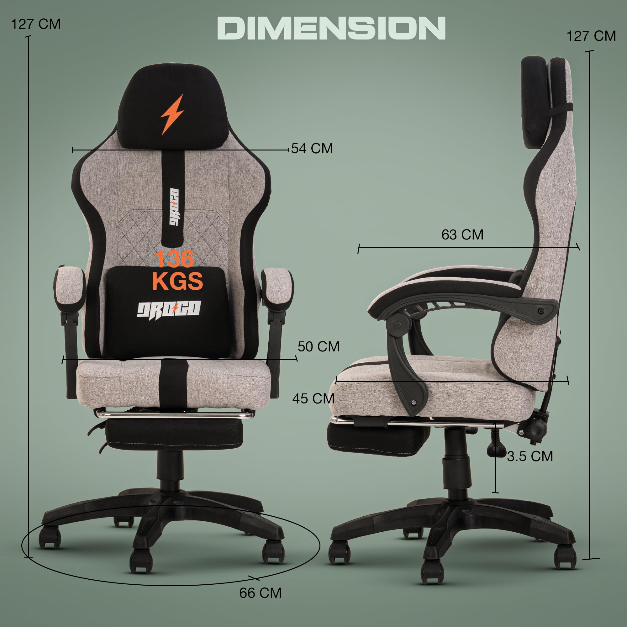 Drogo ComfortMax Ergonomic Gaming Chair with Breathable Fabric, Adjustable Neck