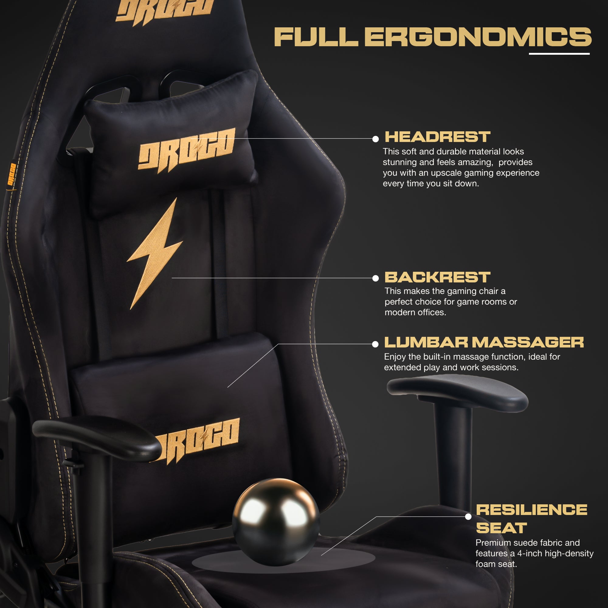Drogo ProForm Suede Ergonomic Gaming Chair Adjustable Seat & Massager Lumbar Pillow