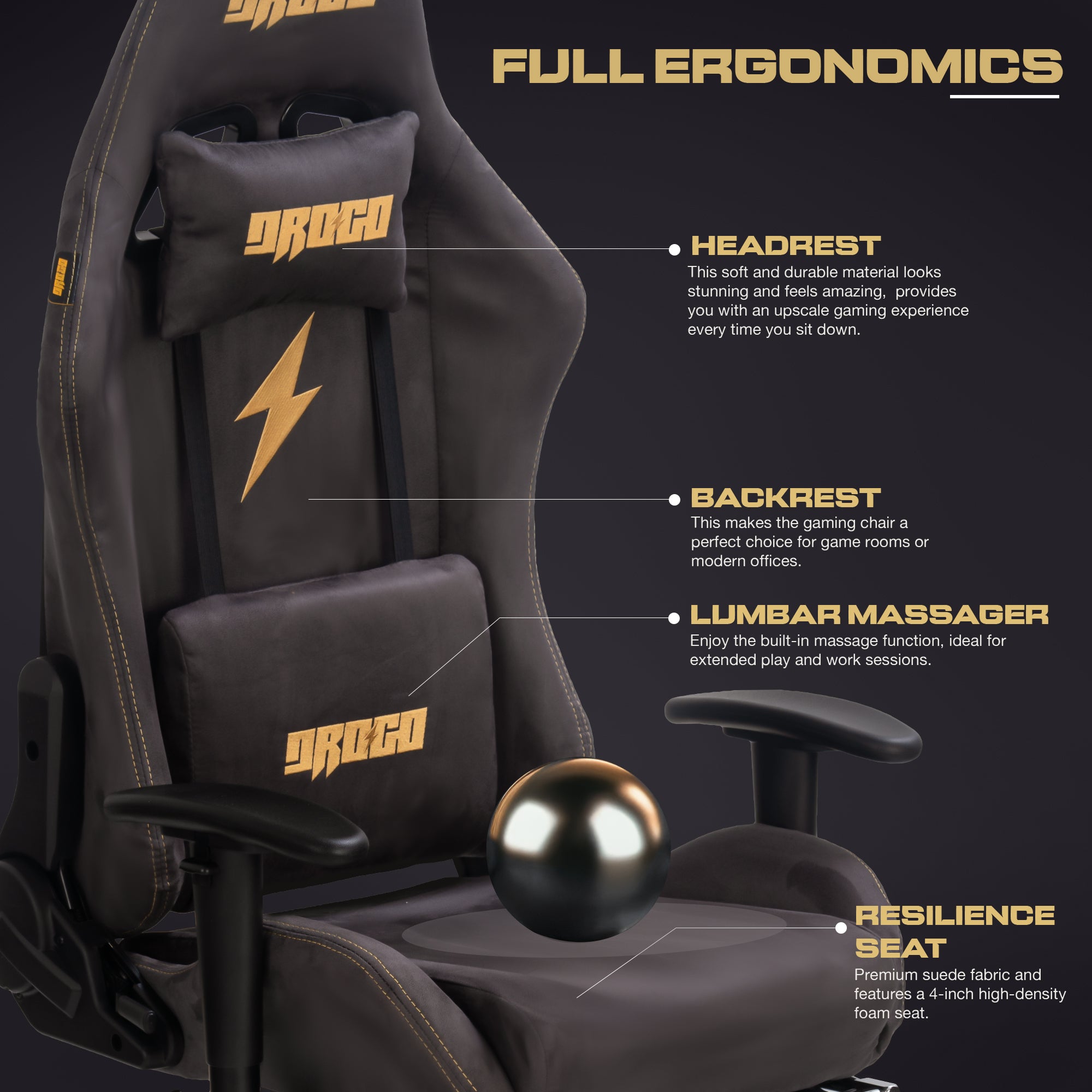 Drogo ProForm Suede Ergonomic Gaming Chair Adjustable Seat & Massager Lumbar Pillow