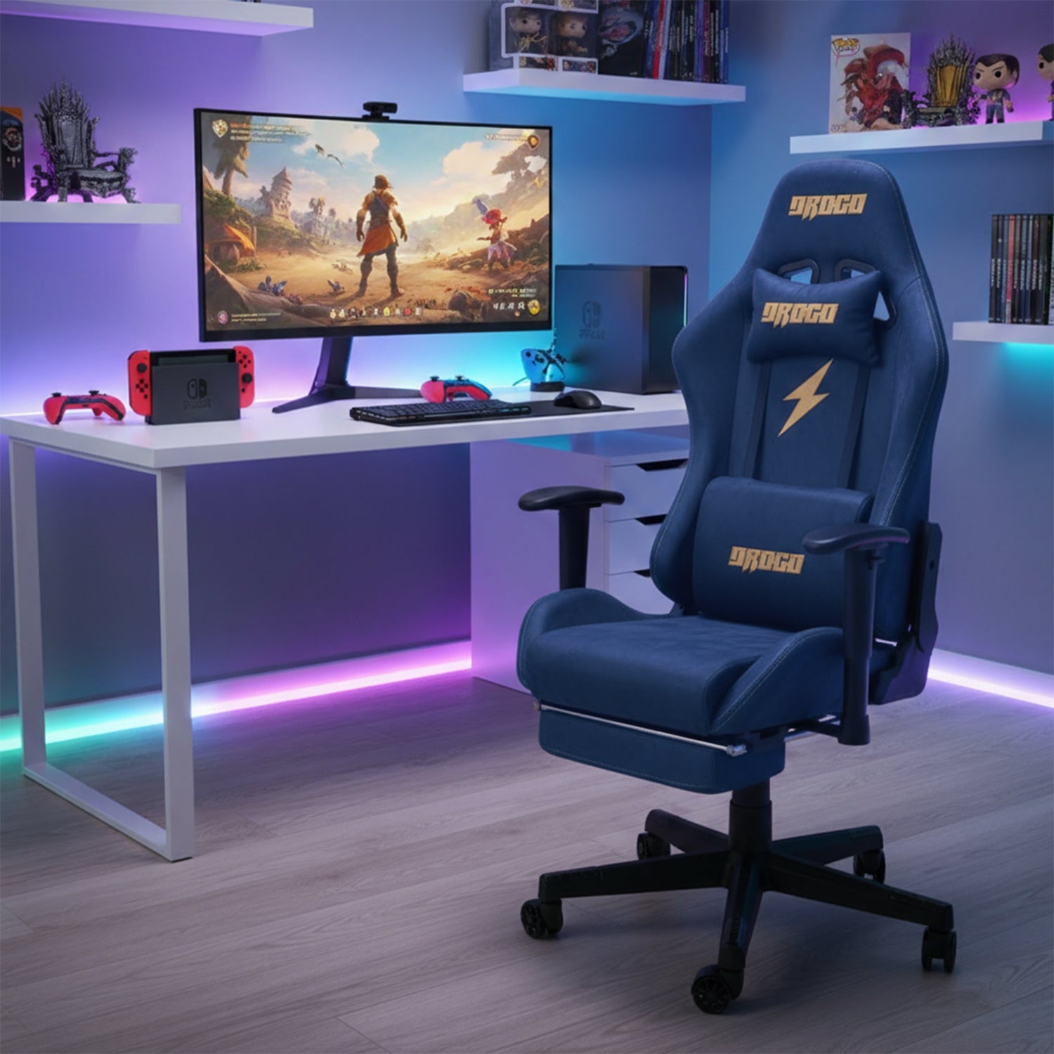 Drogo ProForm Suede Ergonomic Gaming Chair Adjustable Seat & Massager Lumbar Pillow