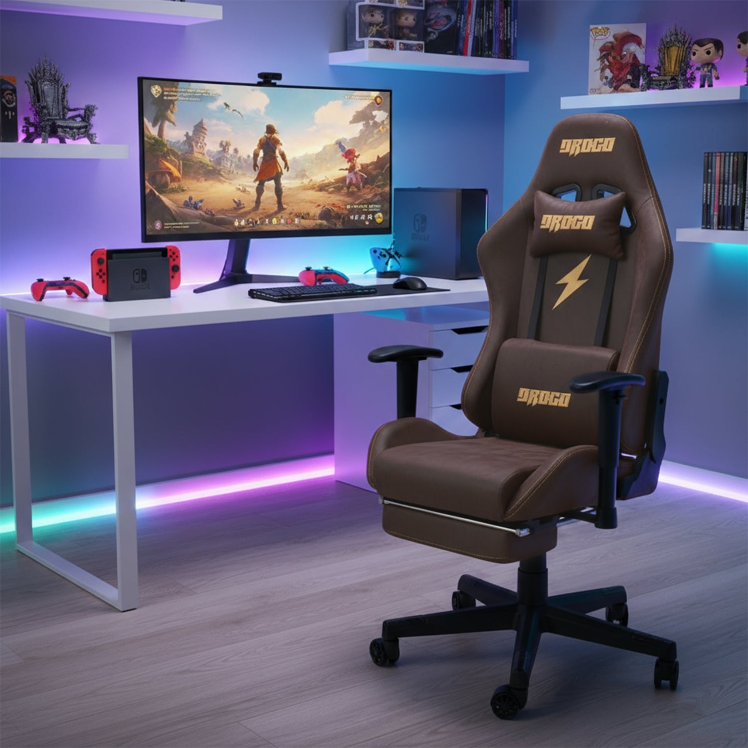 Drogo ProForm Suede Ergonomic Gaming Chair Adjustable Seat & Massager Lumbar Pillow