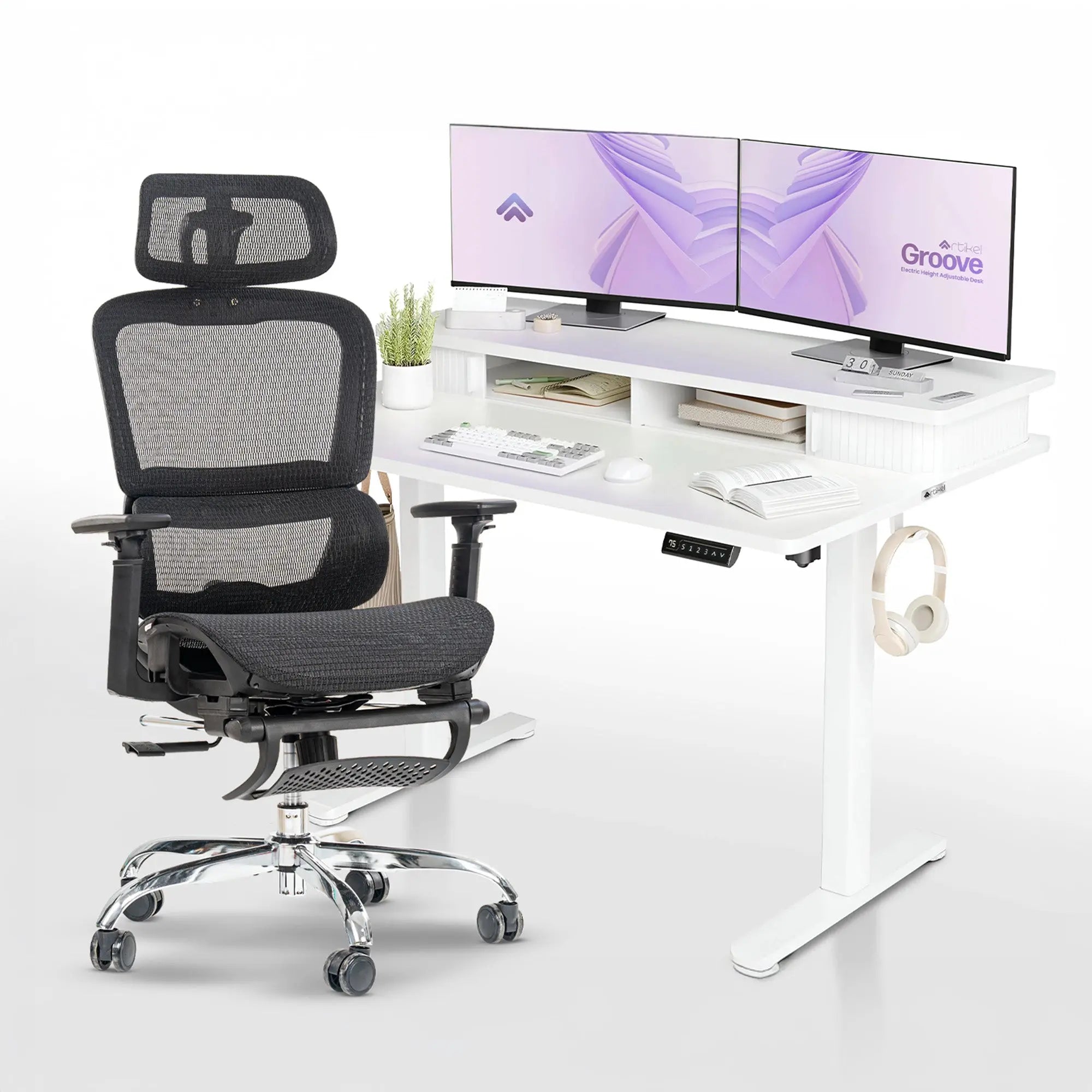 Drogo ProFlex Ergonomic Chair + Artikel Groove Height Adjustable Desk - Productivity Setup Drogo India