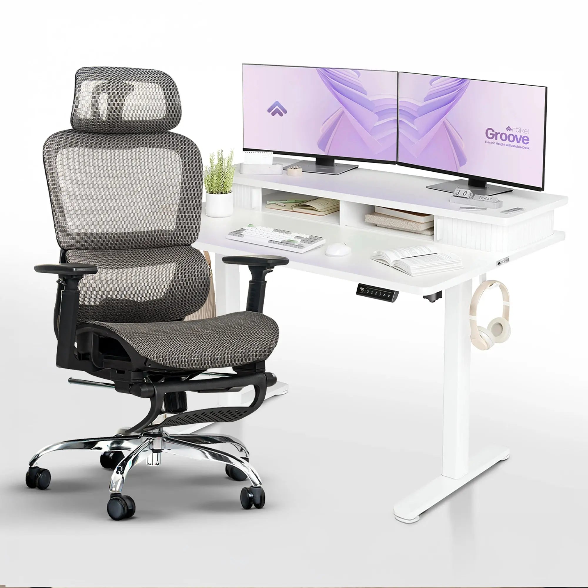 Drogo ProFlex Ergonomic Chair + Artikel Groove Height Adjustable Desk - Productivity Setup Drogo India