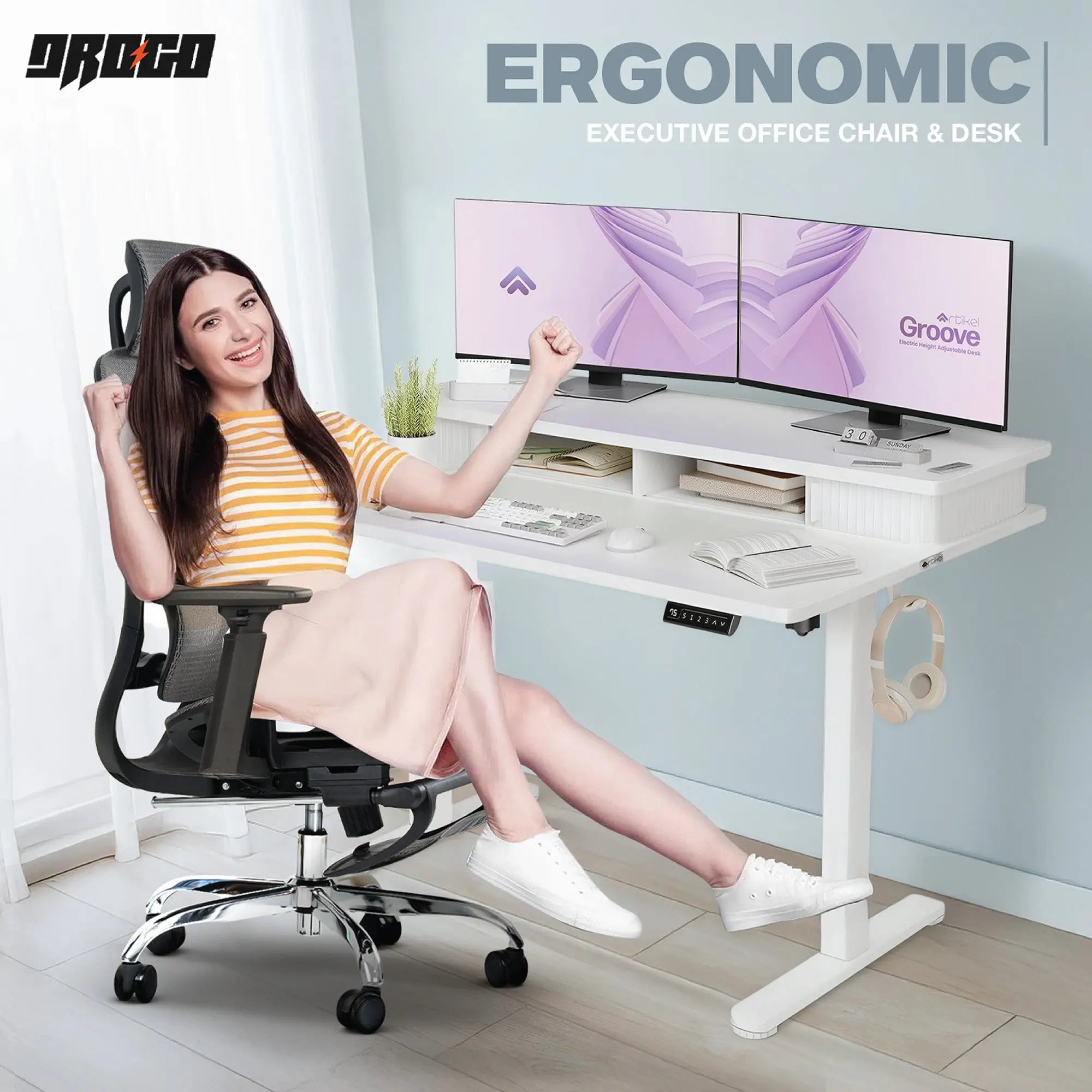 Drogo ProFlex Ergonomic Chair + Artikel Groove Height Adjustable Desk - Productivity Setup Drogo India