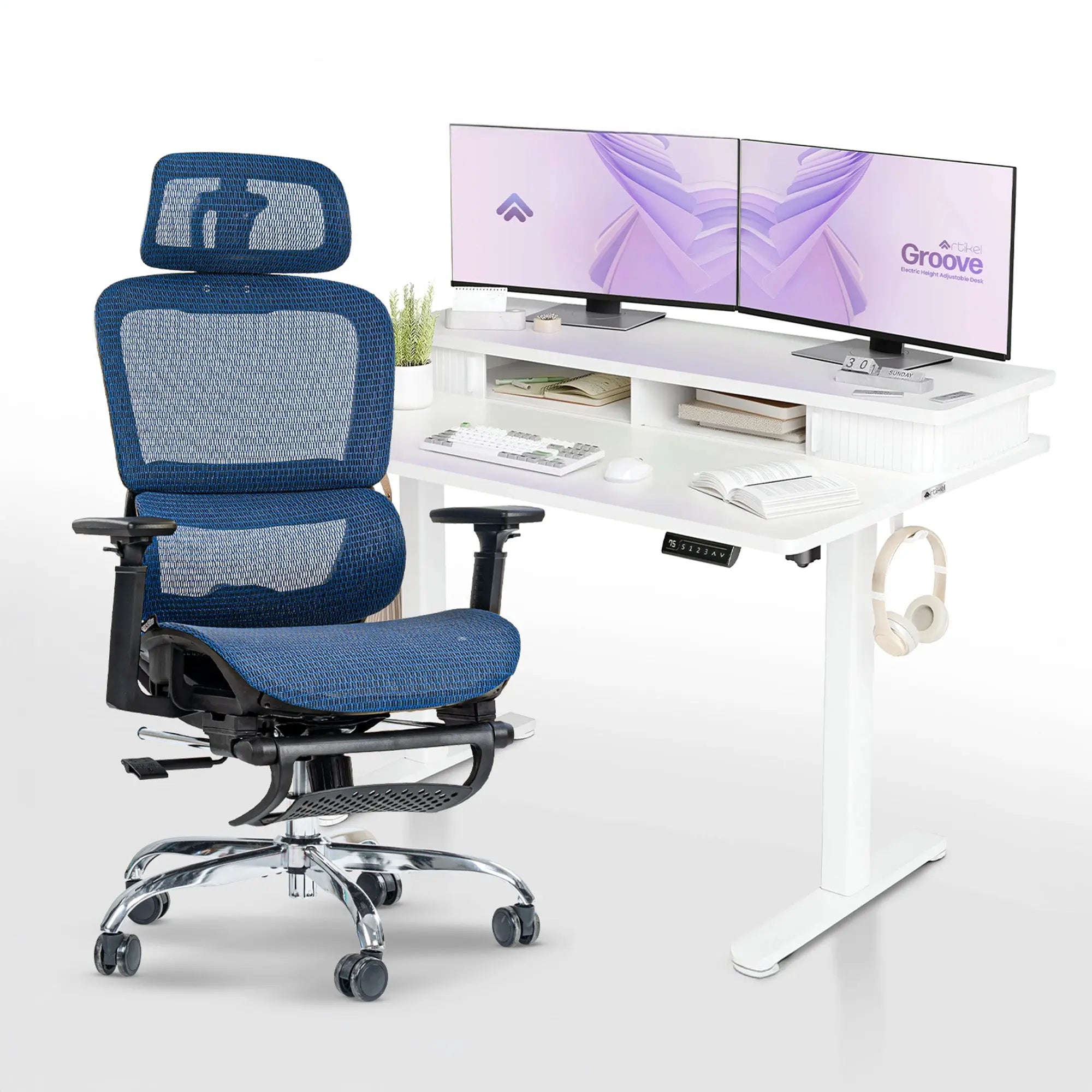 Drogo ProFlex Ergonomic Chair + Artikel Groove Height Adjustable Desk - Productivity Setup Drogo India