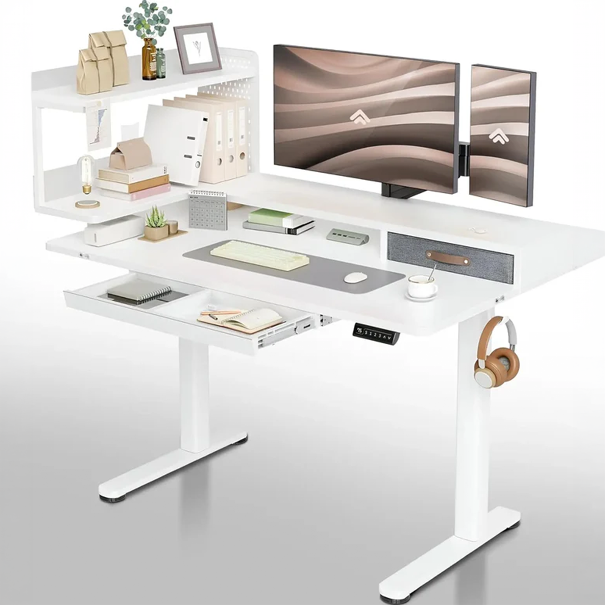 Drogo Artikel Stackon Electric Height Adjustable Office Table Standing Desk with Shelves (Left Cabinet)