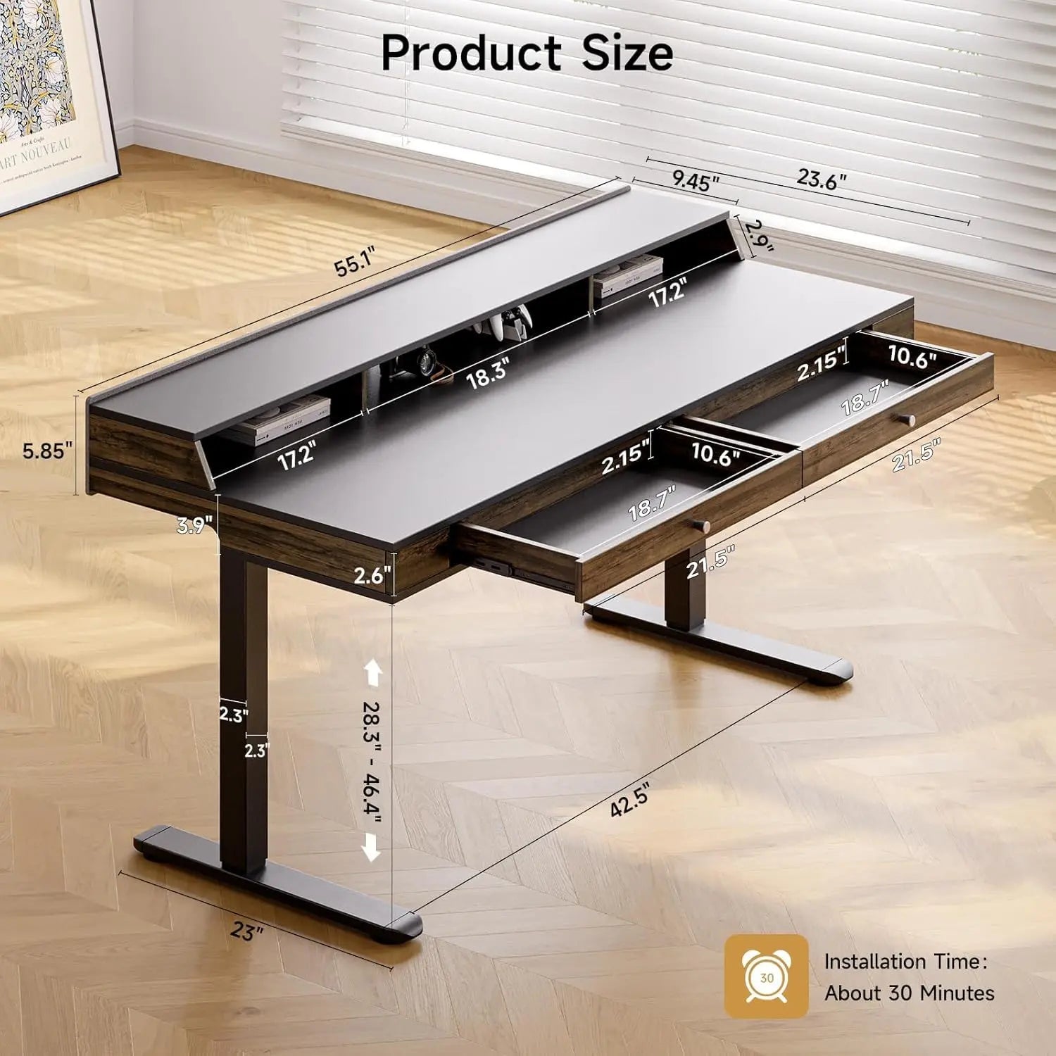 Drogo Artikel Valor Electric Height Adjustable Standing Desk with Storage Drawers & Shelves (Right Cabinet) Drogo India