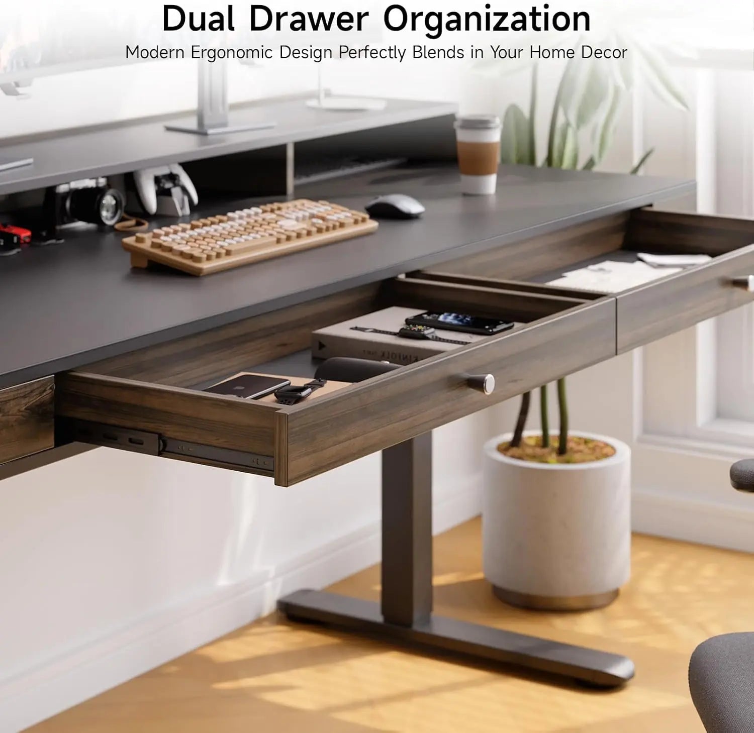 Drogo Artikel Valor Electric Height Adjustable Standing Desk with Storage Drawers & Shelves (Right Cabinet) Drogo India