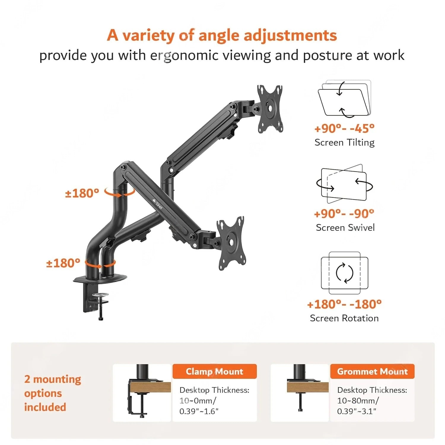 DROGO ARTIKEL Dual Monitor Mount | Adjustable Spring-Assisted Arm | VESA, C-Clamp & Grommet | Fits 27 inch Screens | Curve Series
