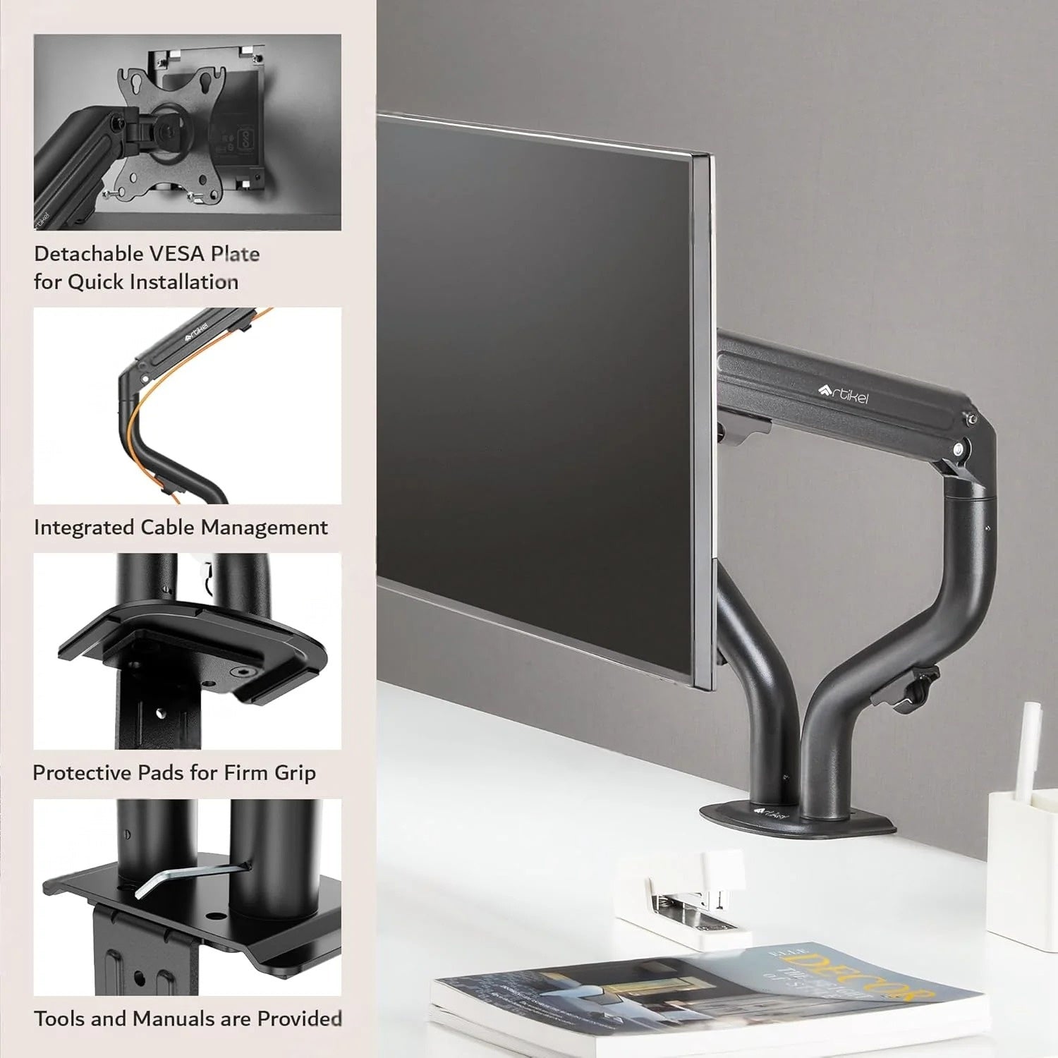 DROGO ARTIKEL Dual Monitor Mount | Adjustable Spring-Assisted Arm | VESA, C-Clamp & Grommet | Fits 27 inch Screens | Curve Series