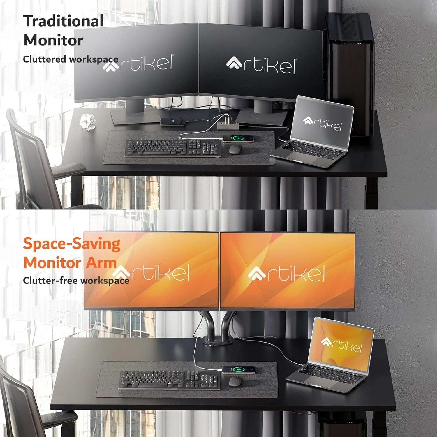 DROGO ARTIKEL Dual Monitor Mount | Adjustable Spring-Assisted Arm | VESA, C-Clamp & Grommet | Fits 27 inch Screens | Curve Series
