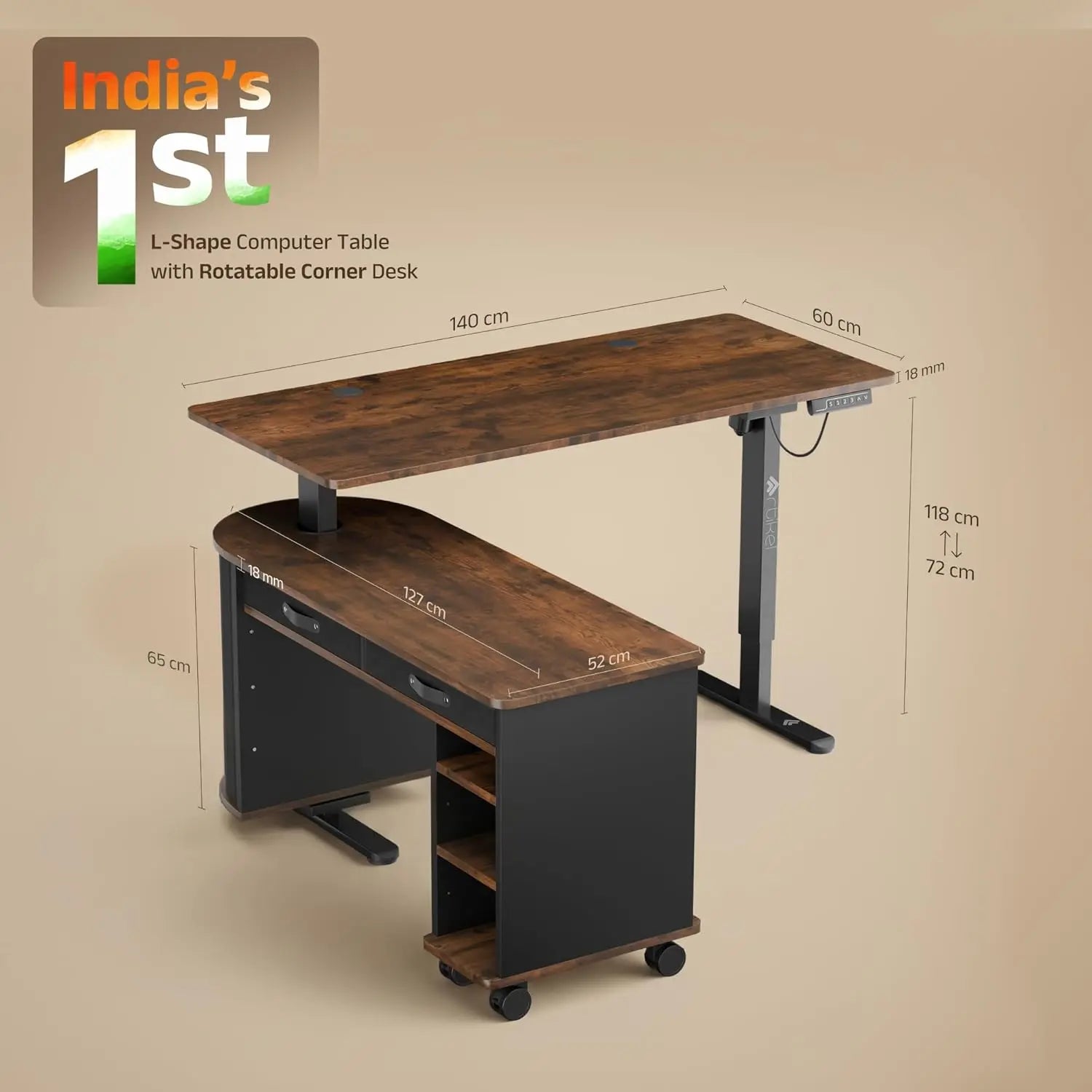 Drogo Opulent L-Shaped Electric Height Adjustable Table for Office & Home Ergonomic Sit Stand Desk (140X60Cm) Drogo India