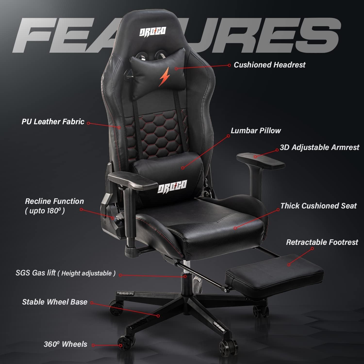 OVERDRIVE Diablo Reclining Gaming Chair Black & White Seat Computer Office  Neck Lumbar Horns