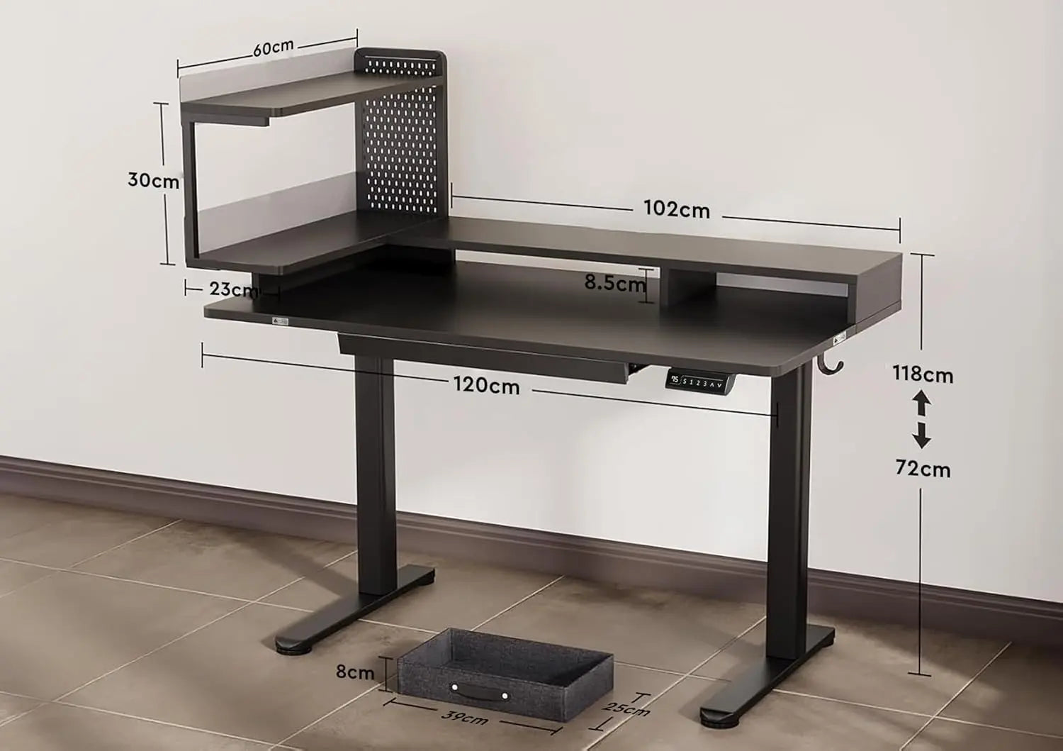 Drogo Stackon Electric Height Adjustable Standing Desk with Shelves (Left Cabinet) Drogo India