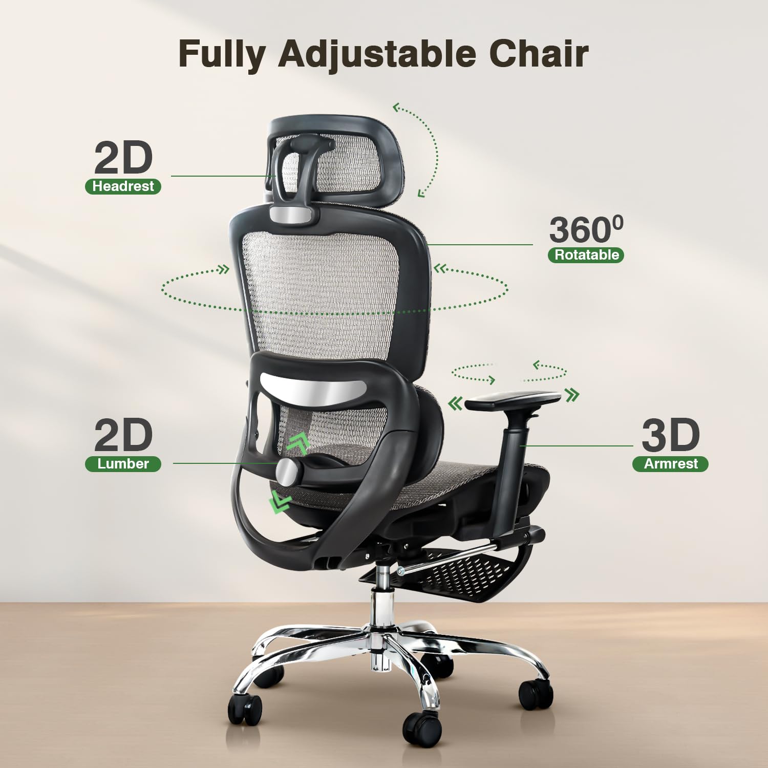 Drogo ProFlex Ergonomic Office Chair for Work from Home, Computer Chair with Adjustable Seat, 3D Armrest, Footrest, Recline 2D Headrest & Lumbar Support - Pro Grey