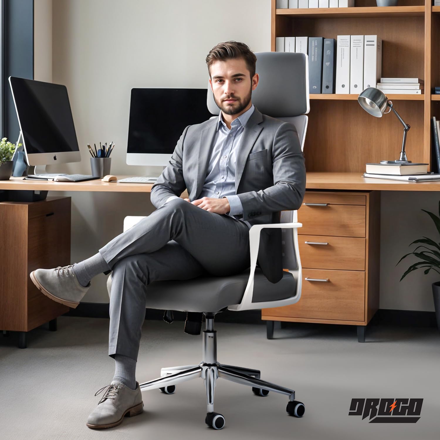 DROGO Lumina Pro Ergonomic Premium Leatherette Office Chair for Work at Home, Computer Chair with Fixed Armrest