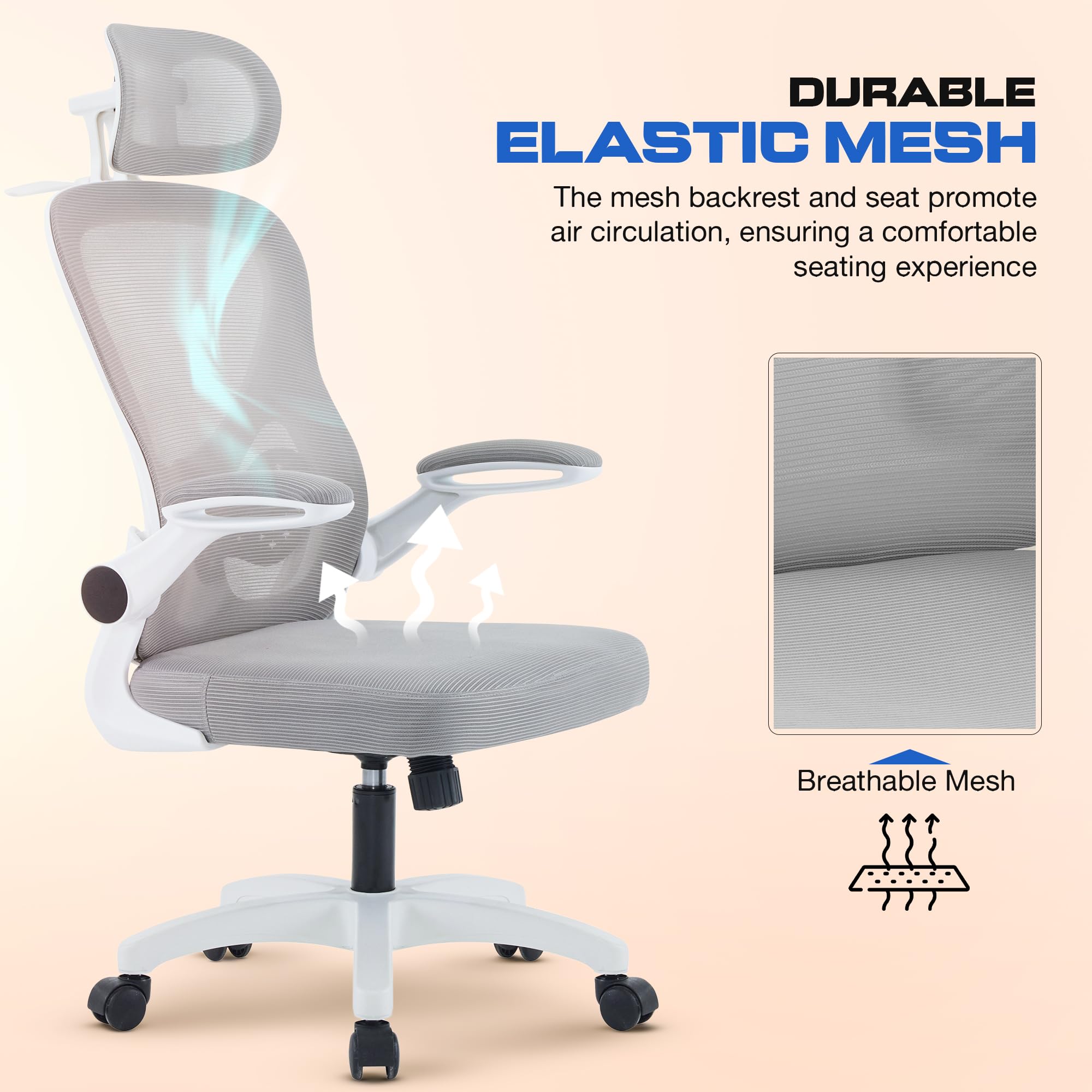 Drogo Ergonomic Office Chair for Work from Home with Breathable Mesh, Flip-up Armrest