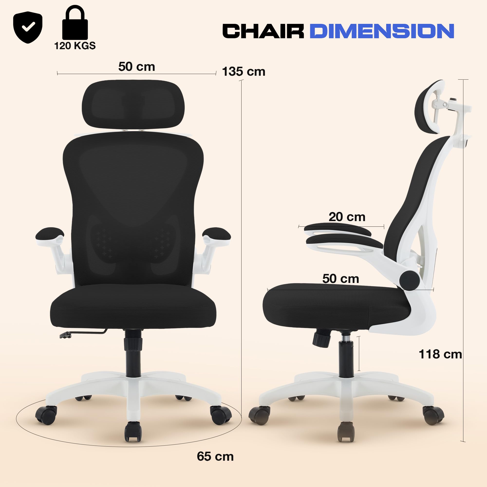 Drogo Ergonomic Office Chair for Work from Home with Breathable Mesh, Flip-up Armrest