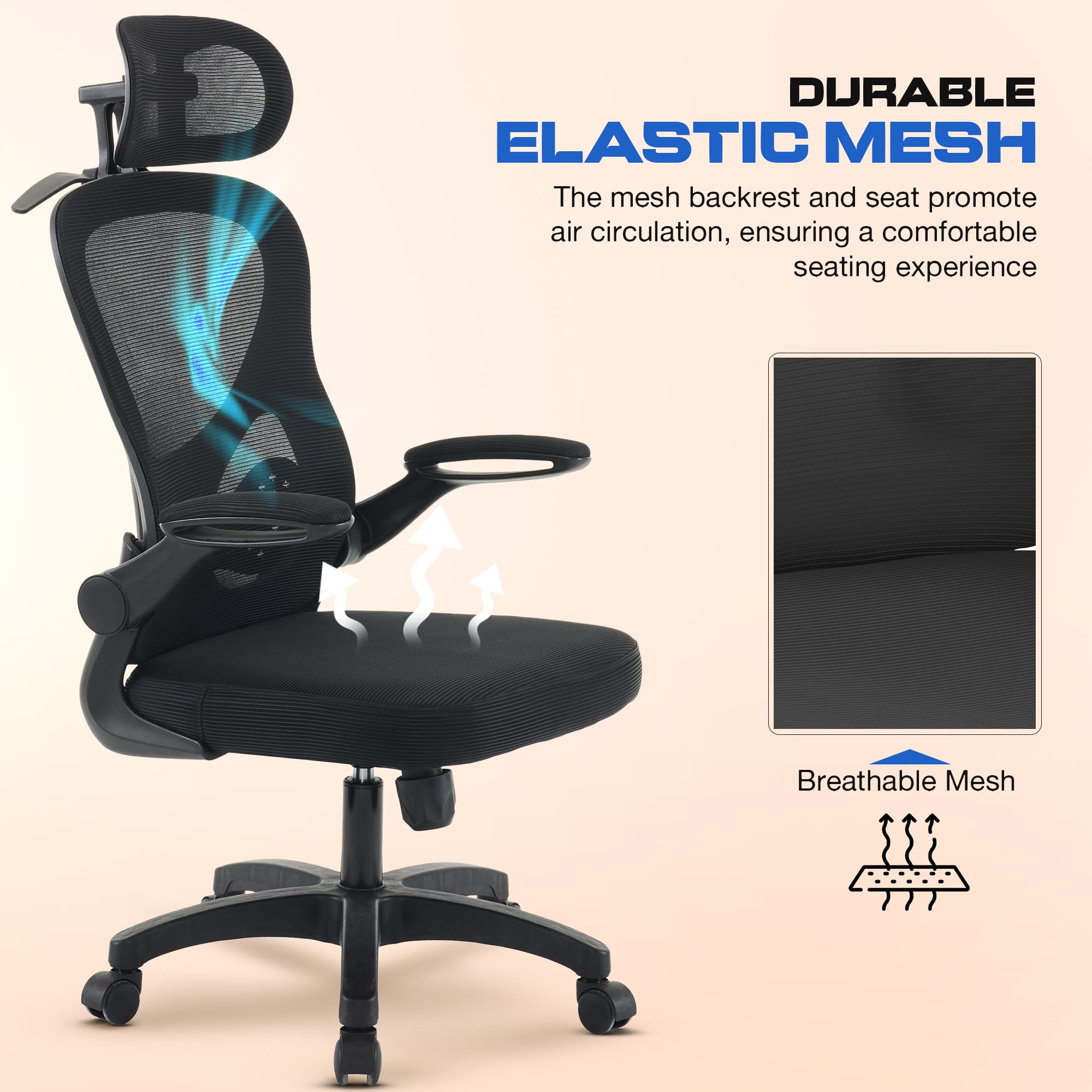 Drogo Ergonomic Office Chair for Work from Home with Breathable Mesh, Flip-up Armrest