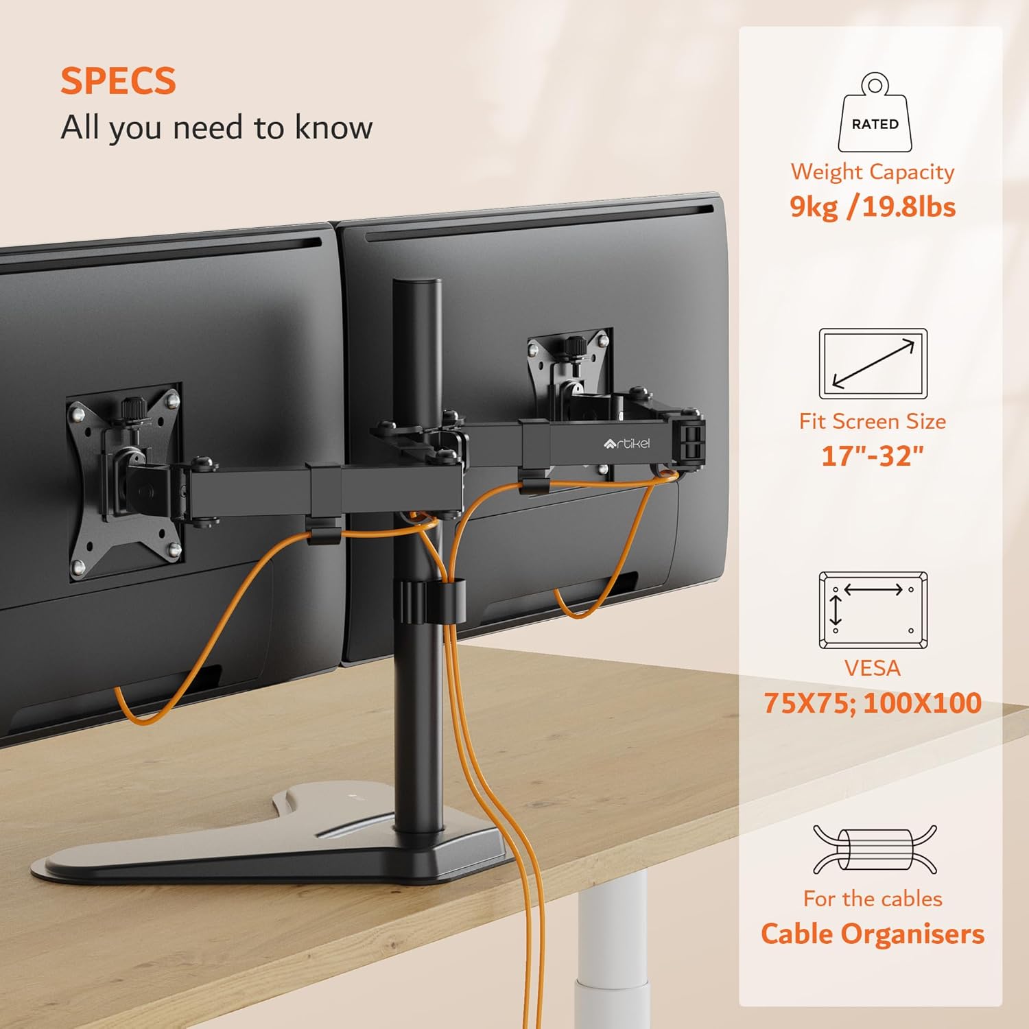 Drogo Artikel Double Monitor Desk Stand - Height Adjustable Heavy Duty Arms with Phone Slot & VESA