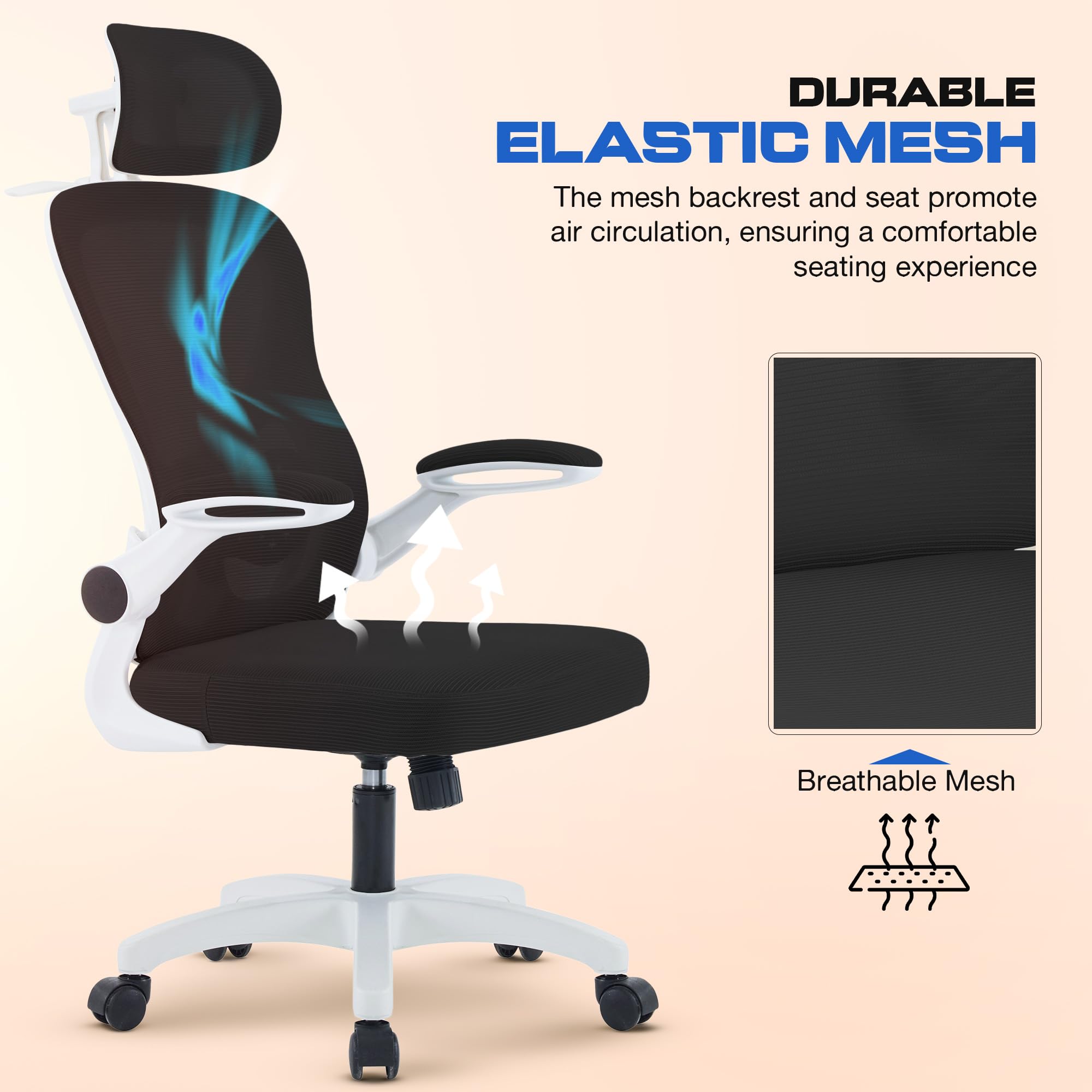 Drogo Ergonomic Office Chair for Work from Home with Breathable Mesh, Flip-up Armrest