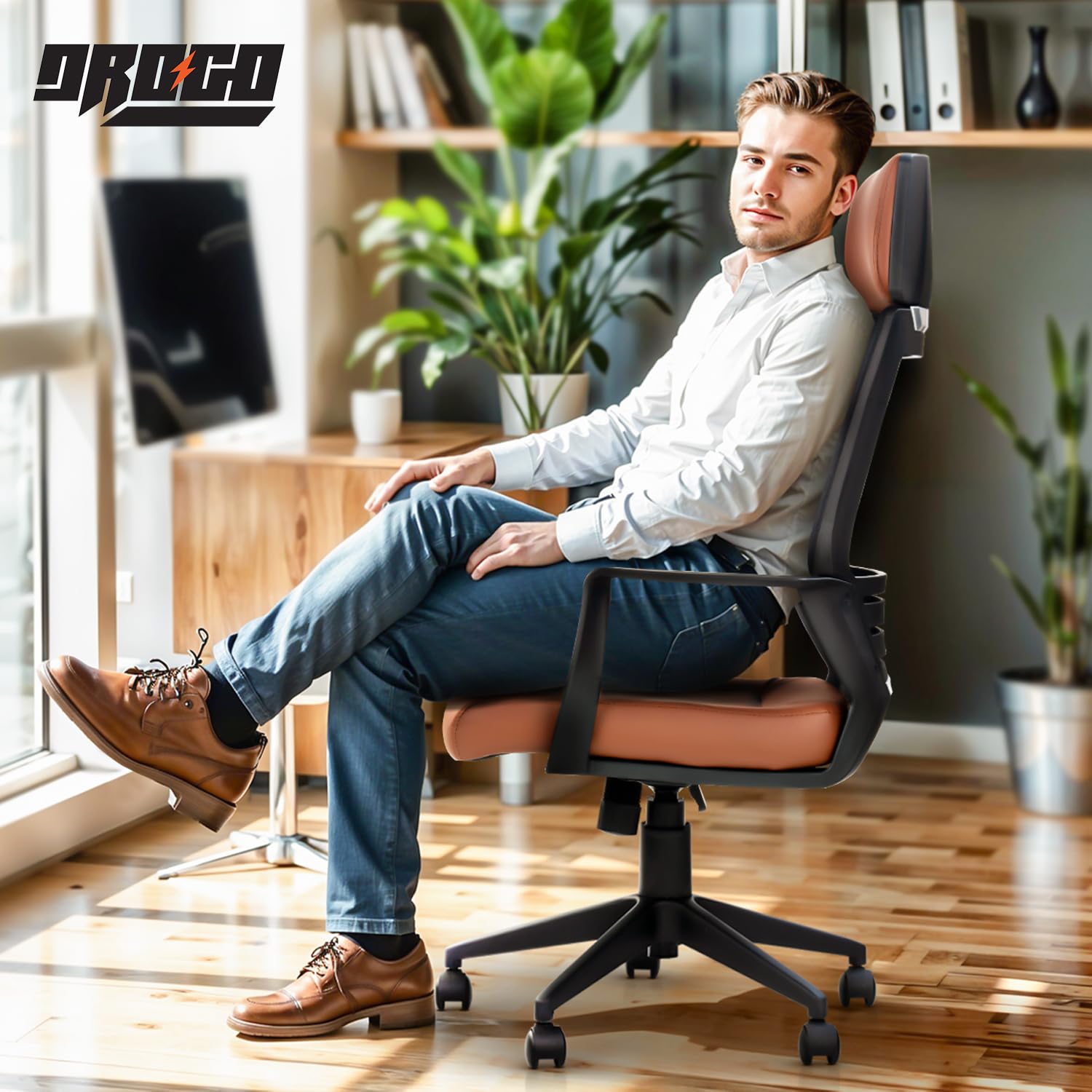 DROGO Lumina Ergonomic Premium Leatherette Office Chair for Work at Home, Computer Chair with Fixed Armrest, Height Adjustable Leather Seat