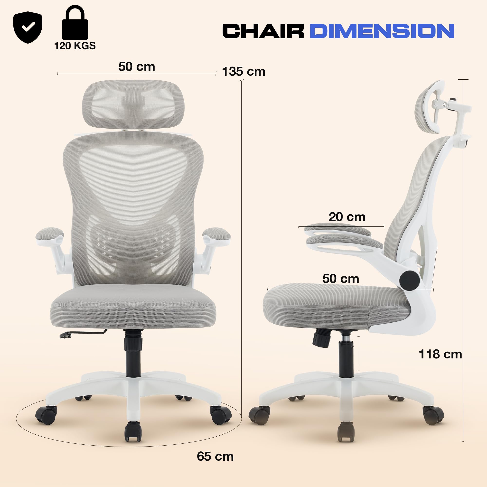 Drogo Ergonomic Office Chair for Work from Home with Breathable Mesh, Flip-up Armrest