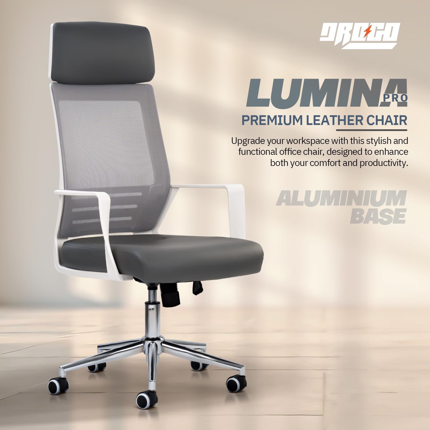 DROGO Lumina Pro Ergonomic Premium Leatherette Office Chair for Work at Home, Computer Chair with Fixed Armrest