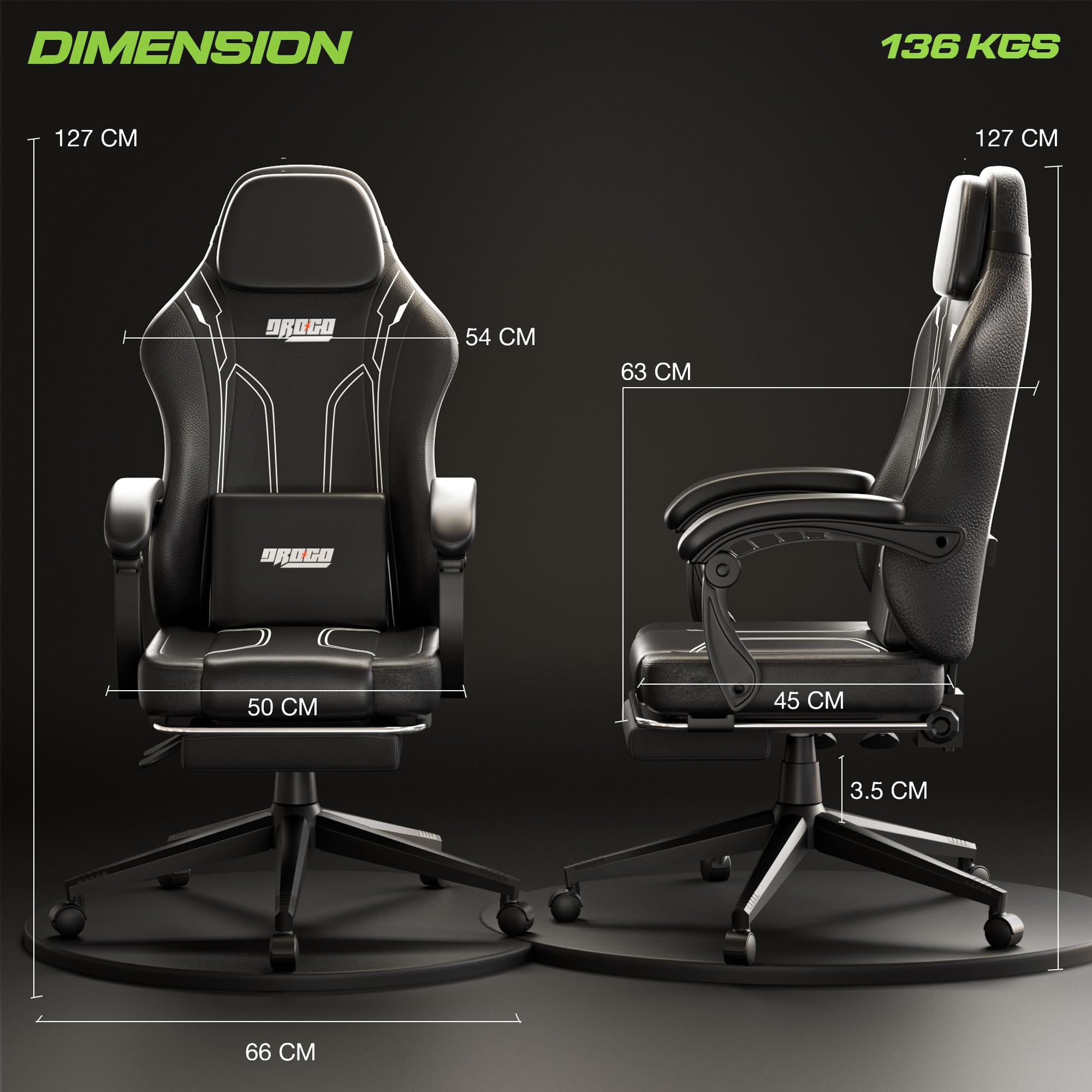 Drogo Phantom Ergonomic Gaming Chair with Premium PU Leather, Adjustable Neck