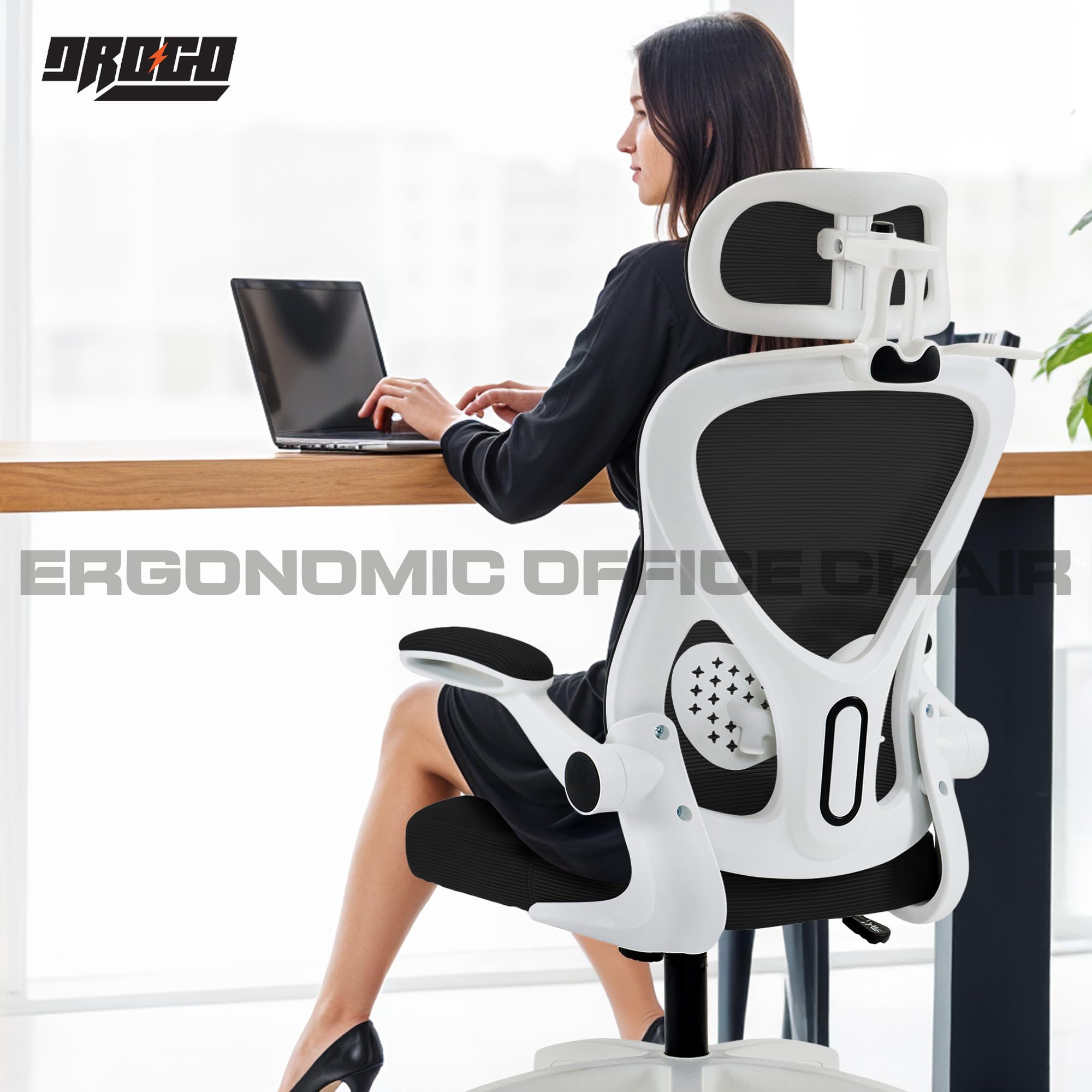 Drogo Ergonomic Office Chair for Work from Home with Breathable Mesh, Flip-up Armrest