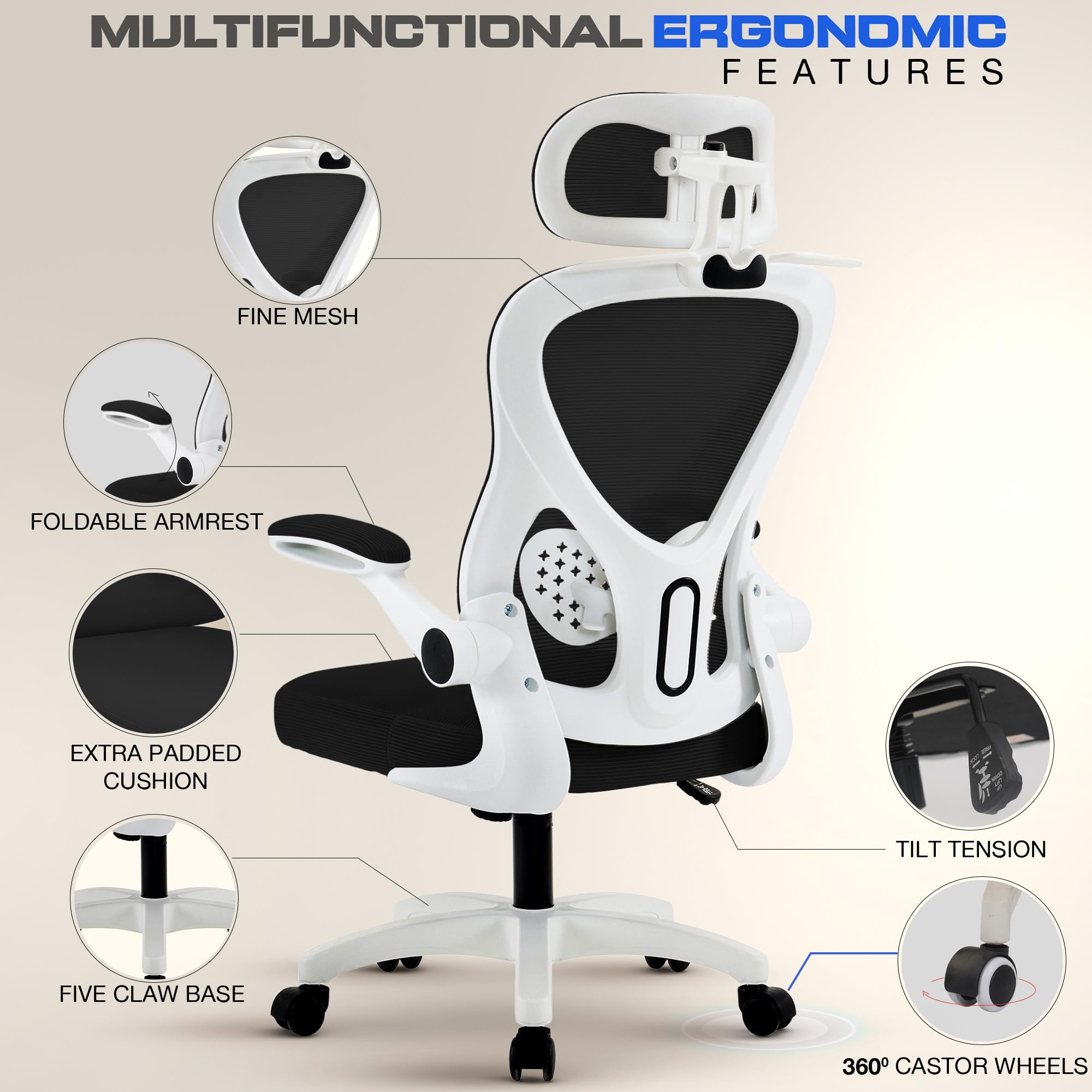 Drogo Ergonomic Office Chair for Work from Home with Breathable Mesh, Flip-up Armrest