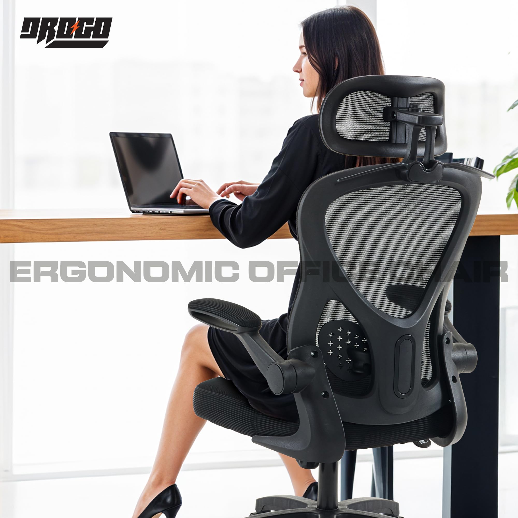Drogo Ergonomic Office Chair for Work from Home with Breathable Mesh, Flip-up Armrest