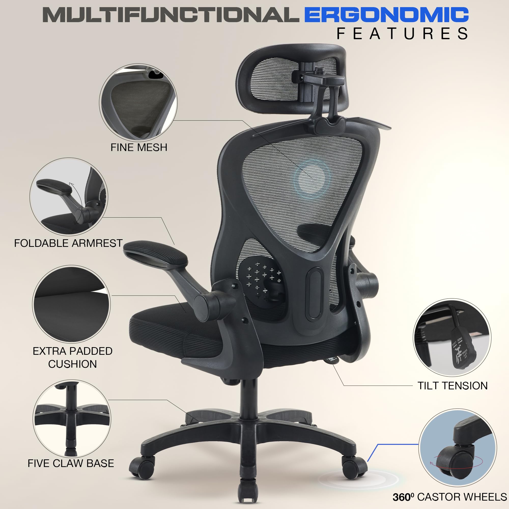 Drogo Ergonomic Office Chair for Work from Home with Breathable Mesh, Flip-up Armrest