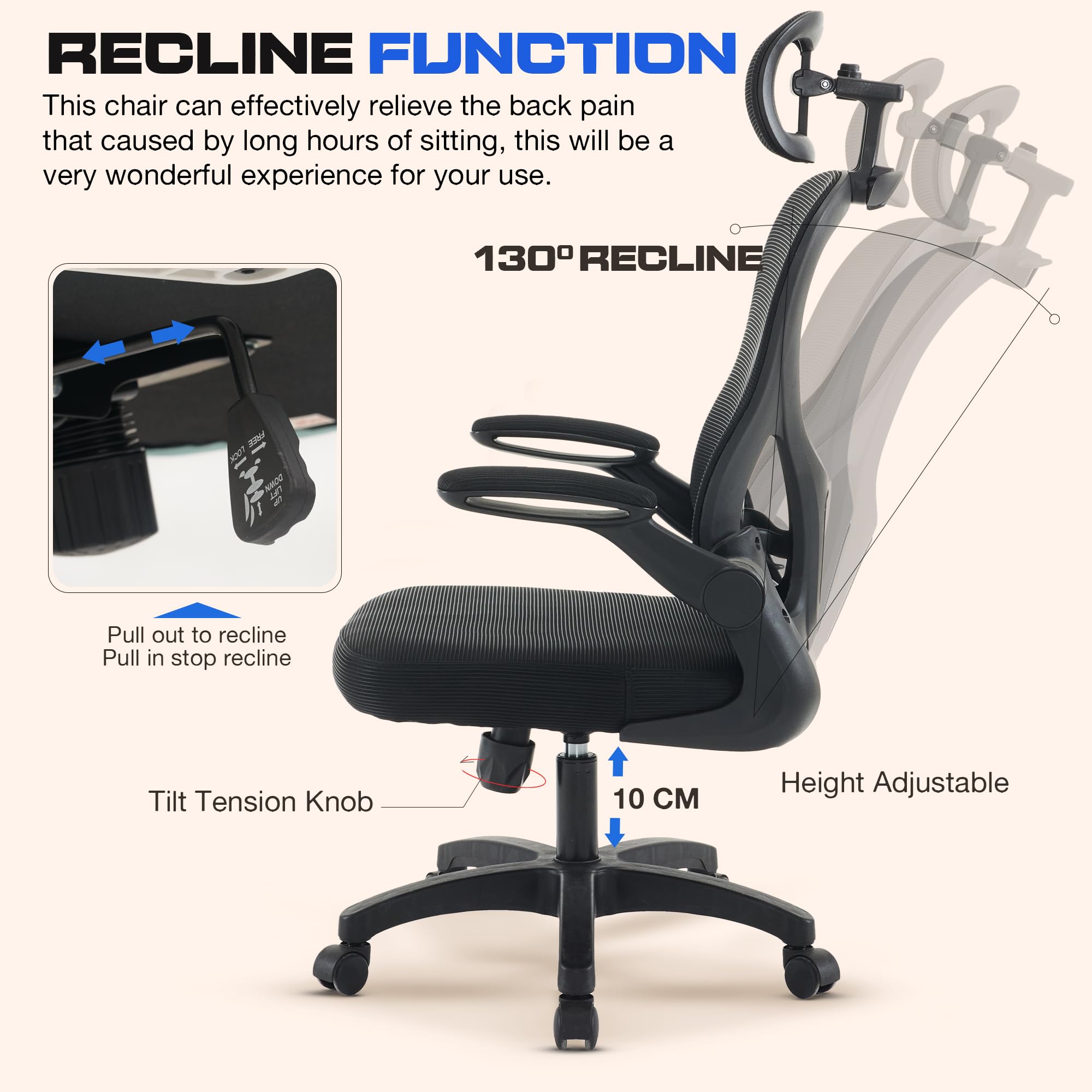 Drogo Ergonomic Office Chair for Work from Home with Breathable Mesh, Flip-up Armrest