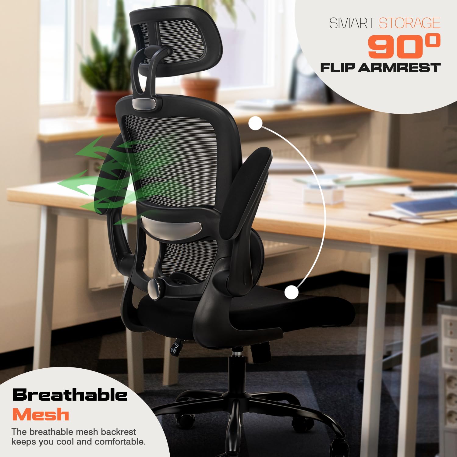 Drogo AeroFlex Ergonomic Office Chair for Work from Home, Flip-up Armrest & Recline