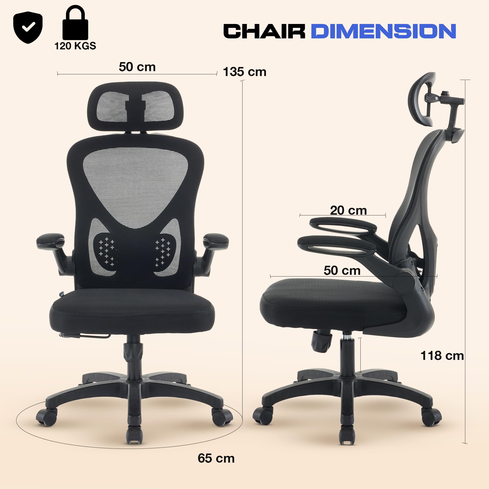 Drogo Ergonomic Office Chair for Work from Home with Breathable Mesh, Flip-up Armrest