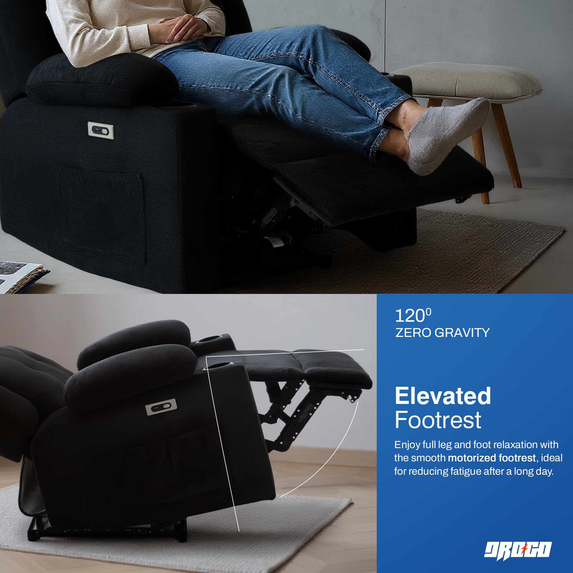 Drogo Luxora Zero Gravity Electric Motorised Single Seater Recliner Sofa with Rapid Recline Technology
