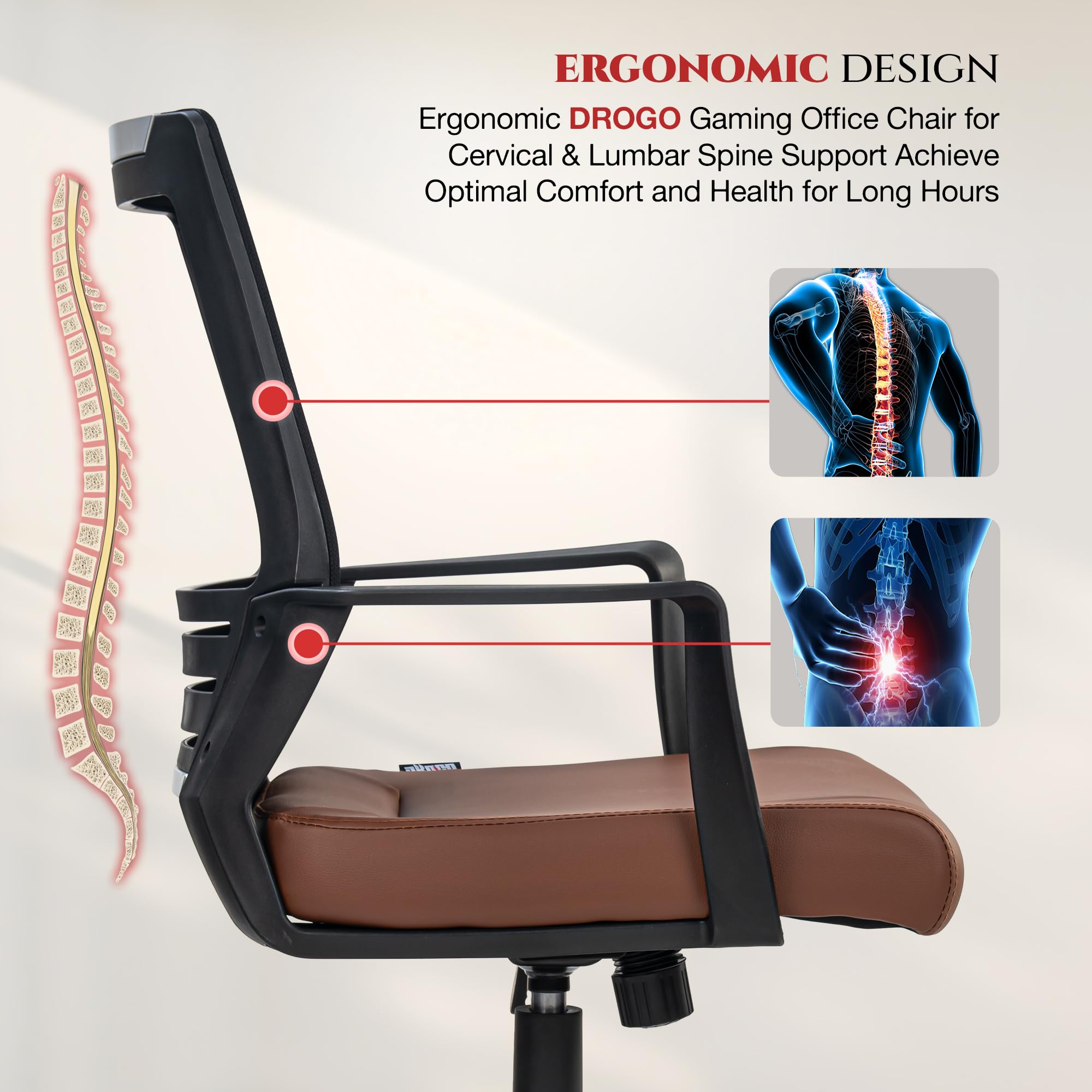 DROGO Lumina Ergonomic Premium Leatherette Office Chair for Work at Home, Computer Chair with Fixed Armrest