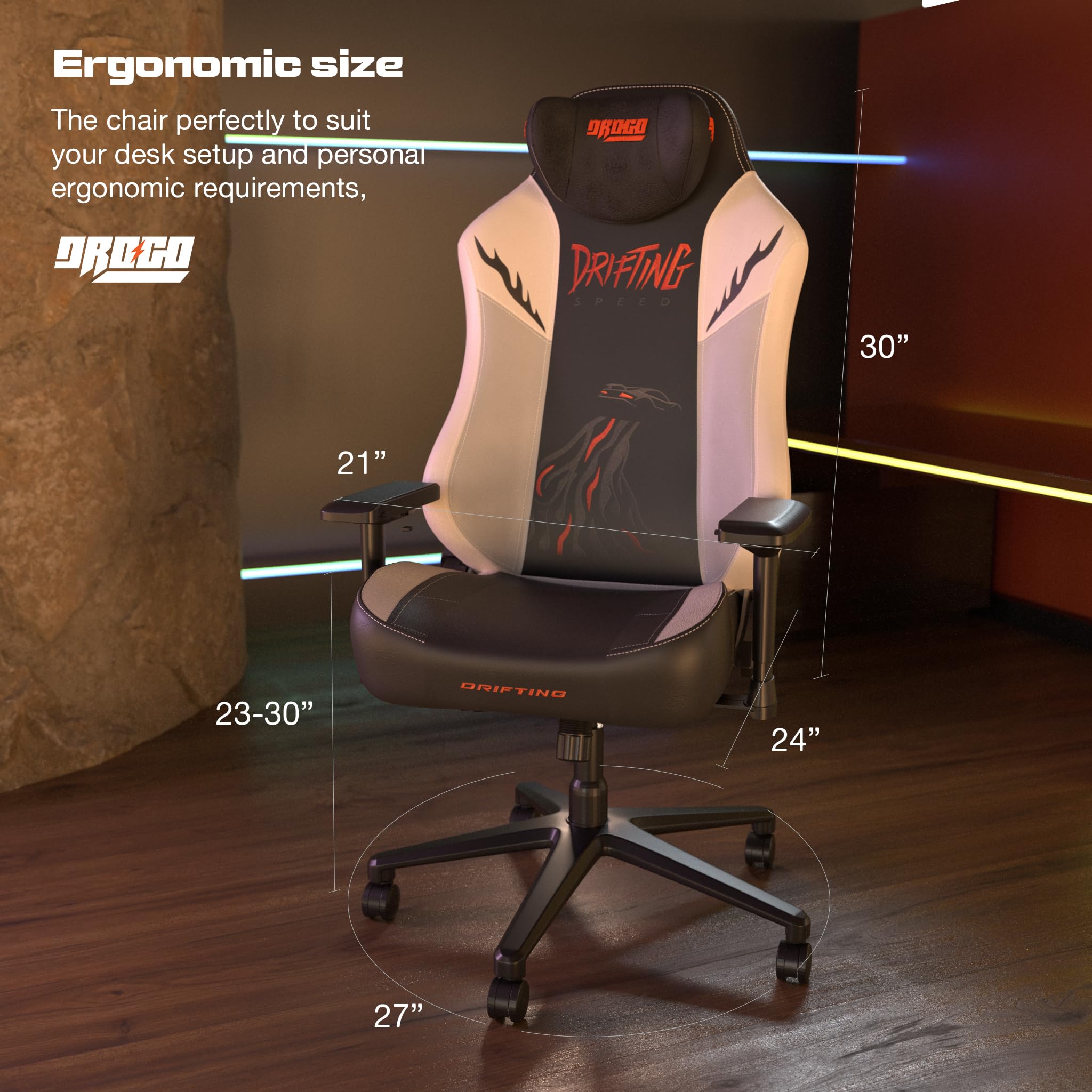 Drogo Drifting Series Ergonomic Gaming Chair with Premium Leatherette, 4D Armrest, Recline with Magnetic Memory Foam Headrest