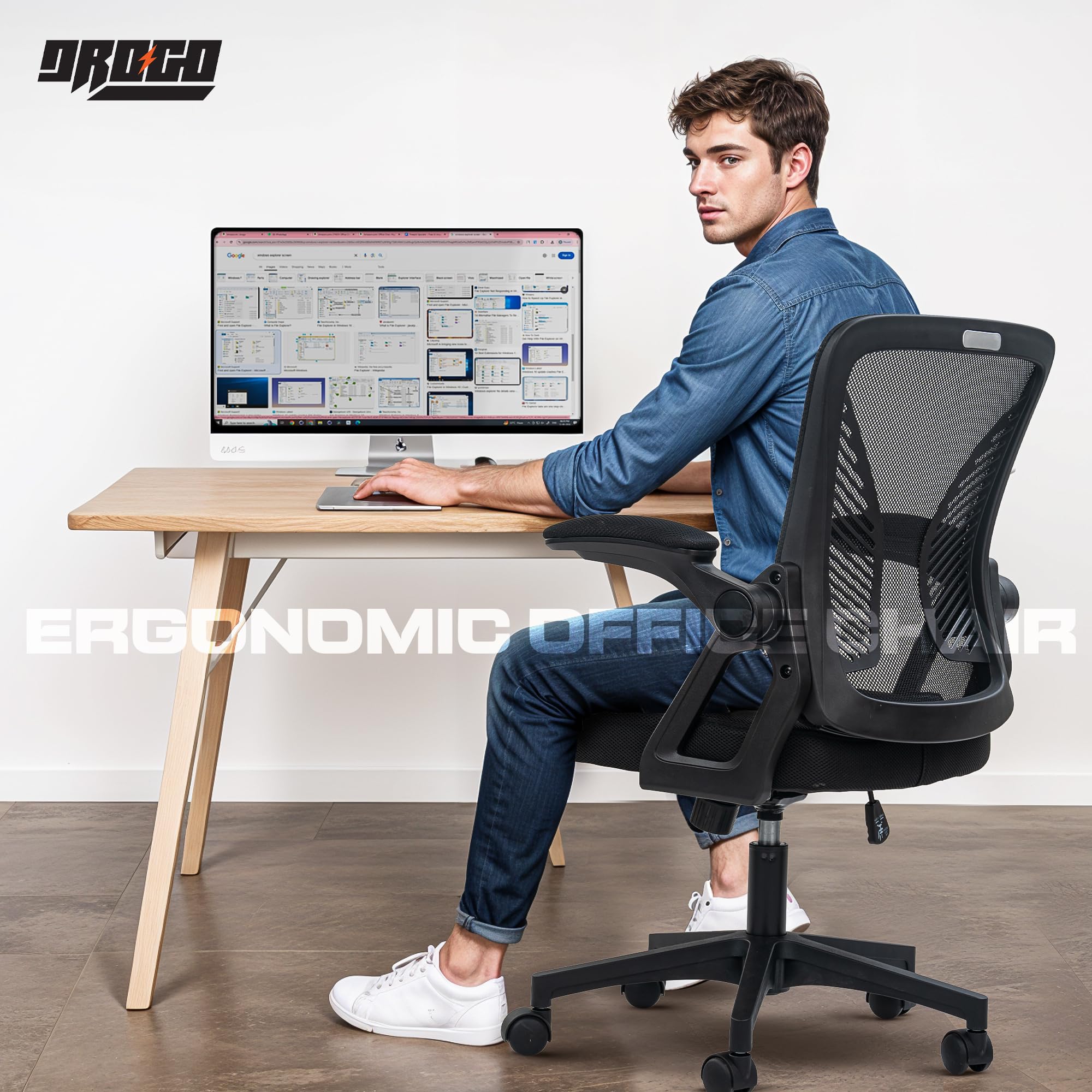 DROGO DynamicWing Ergonomic Office Chair for Work from Home, High Back Computer Chair with Flip Up Armrest