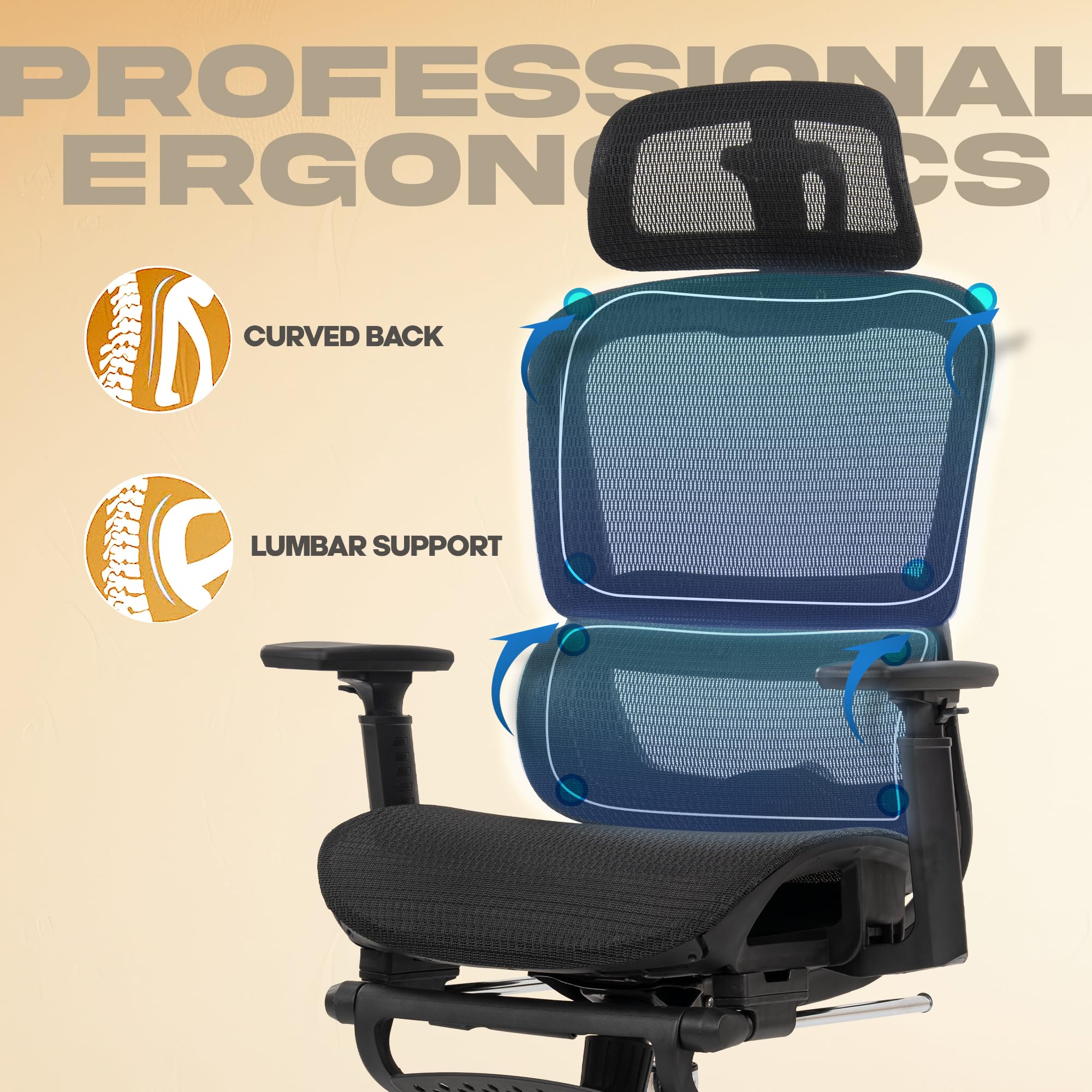 Drogo ProFlex Ergonomic Office Chair for Work from Home, Computer Chair with Adjustable Seat, 3D Armrest, Footrest, Recline 2D Headrest & Lumbar Support