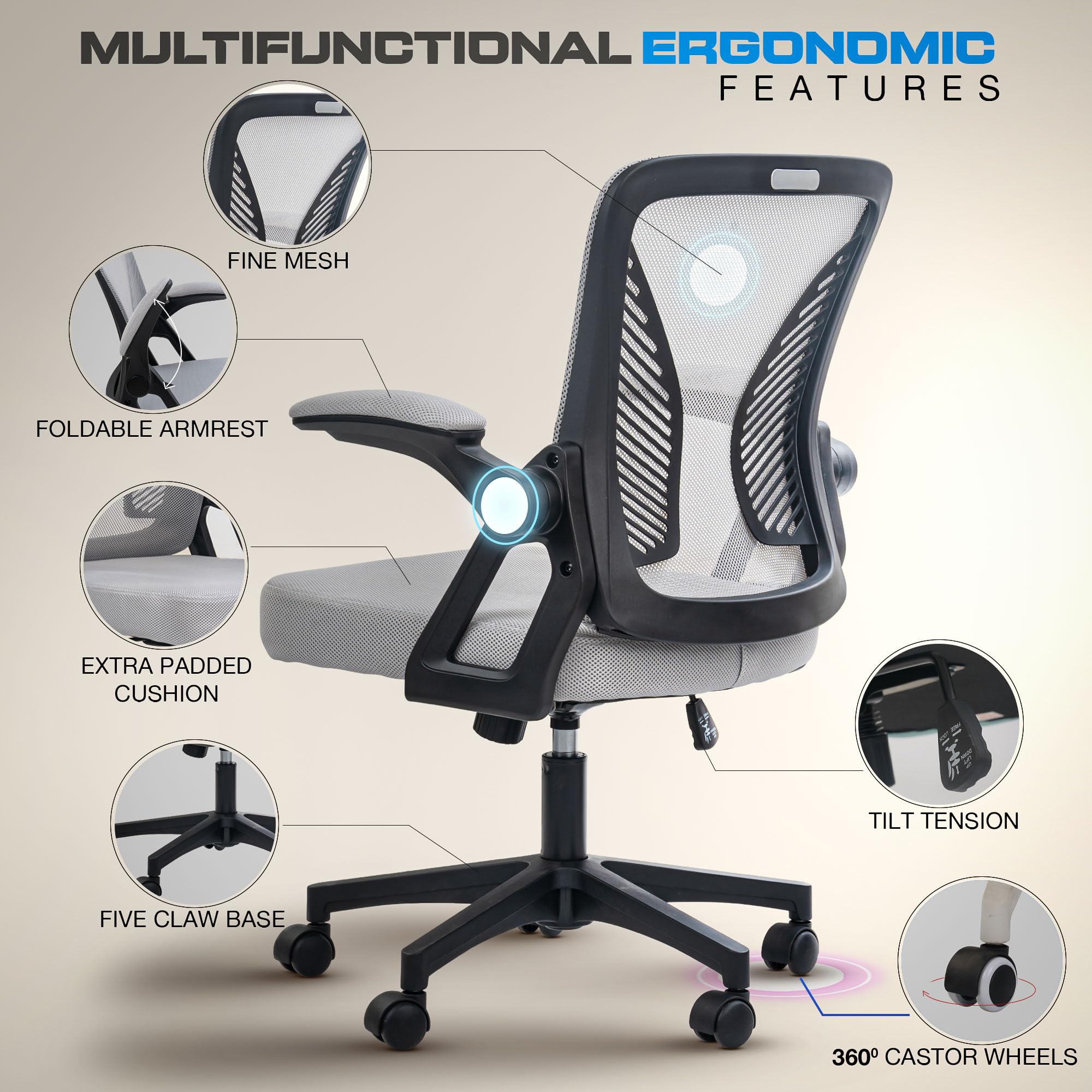 DROGO DynamicWing Ergonomic Office Chair for Work from Home, High Back Computer Chair with Flip Up Armrest