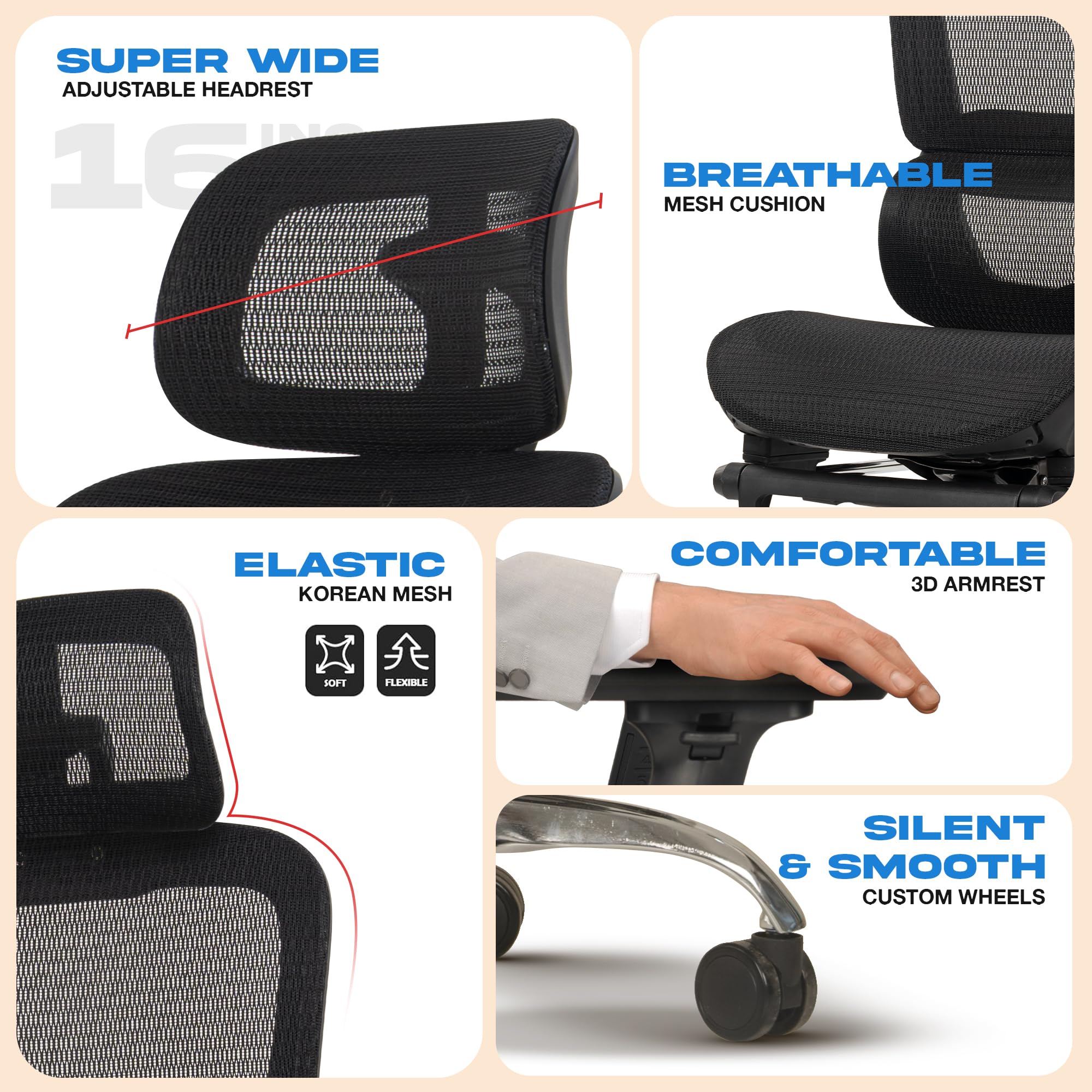 Drogo ProFlex Ergonomic Office Chair for Work from Home, Computer Chair with Adjustable Seat, 3D Armrest, Footrest, Recline 2D Headrest & Lumbar Support