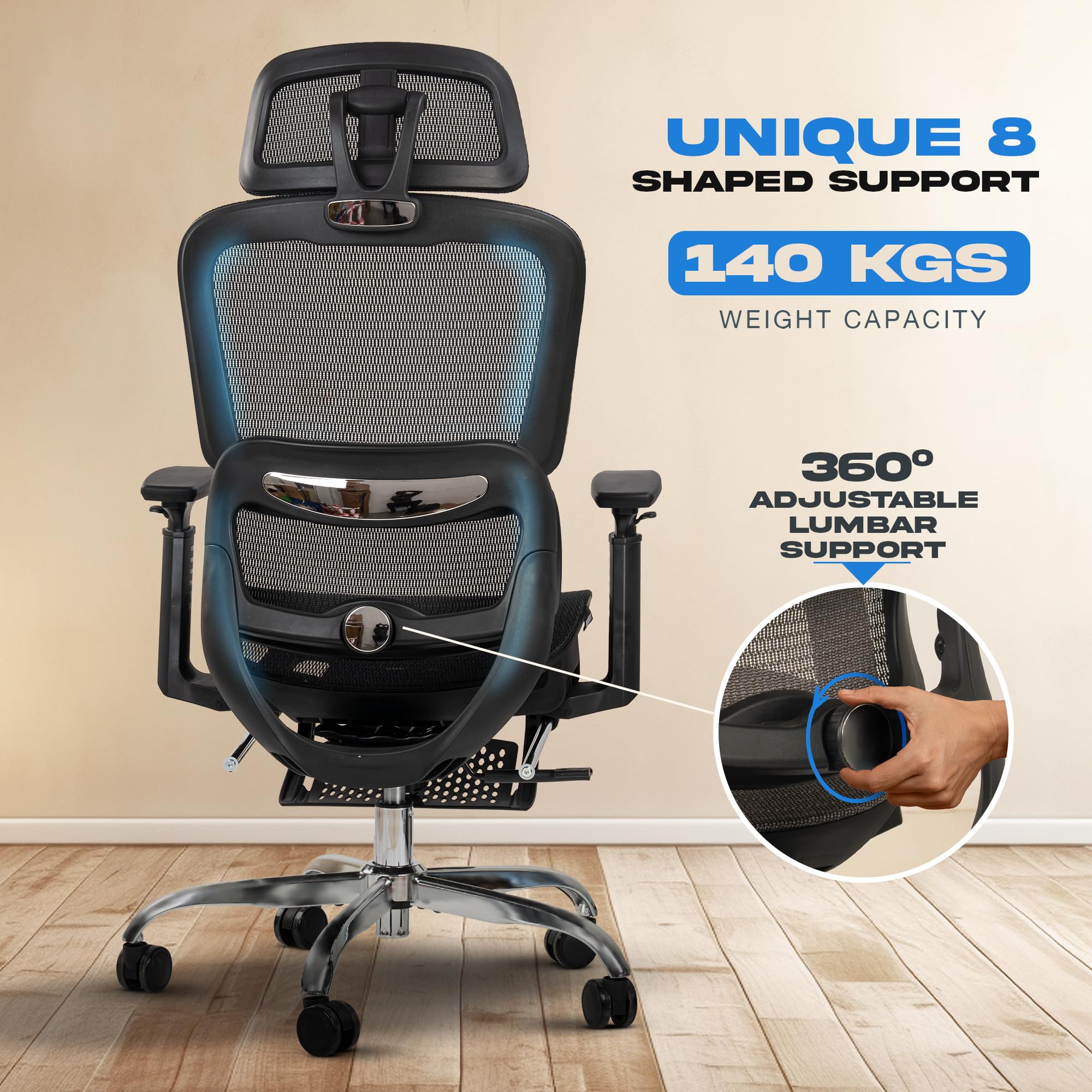 Drogo ProFlex Ergonomic Office Chair for Work from Home, Computer Chair with Adjustable Seat, 3D Armrest, Footrest, Recline 2D Headrest & Lumbar Support