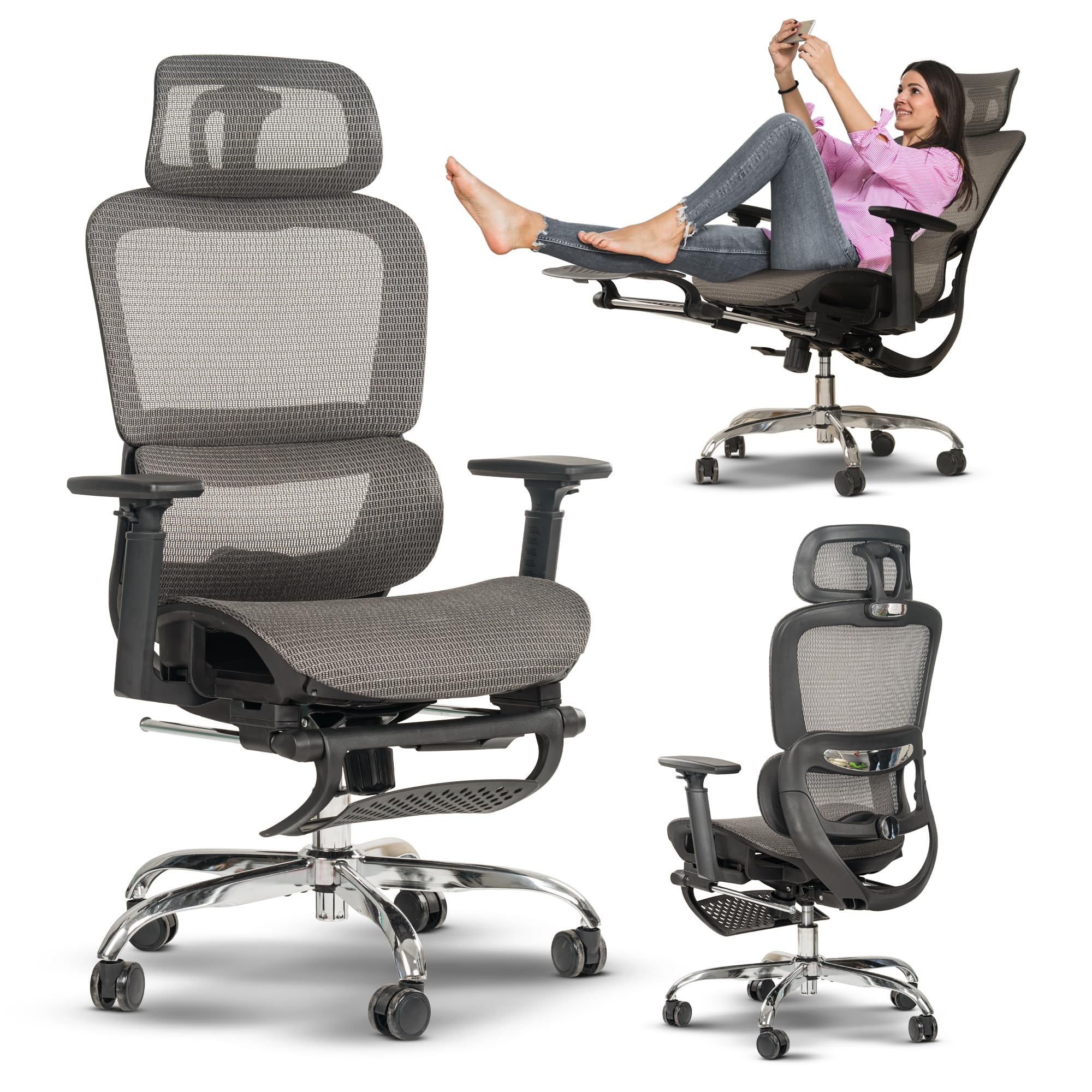 Drogo ProFlex Ergonomic Office Chair for Work from Home, Computer Chair with Adjustable Seat, 3D Armrest, Footrest, Recline 2D Headrest & Lumbar Support - Pro Grey