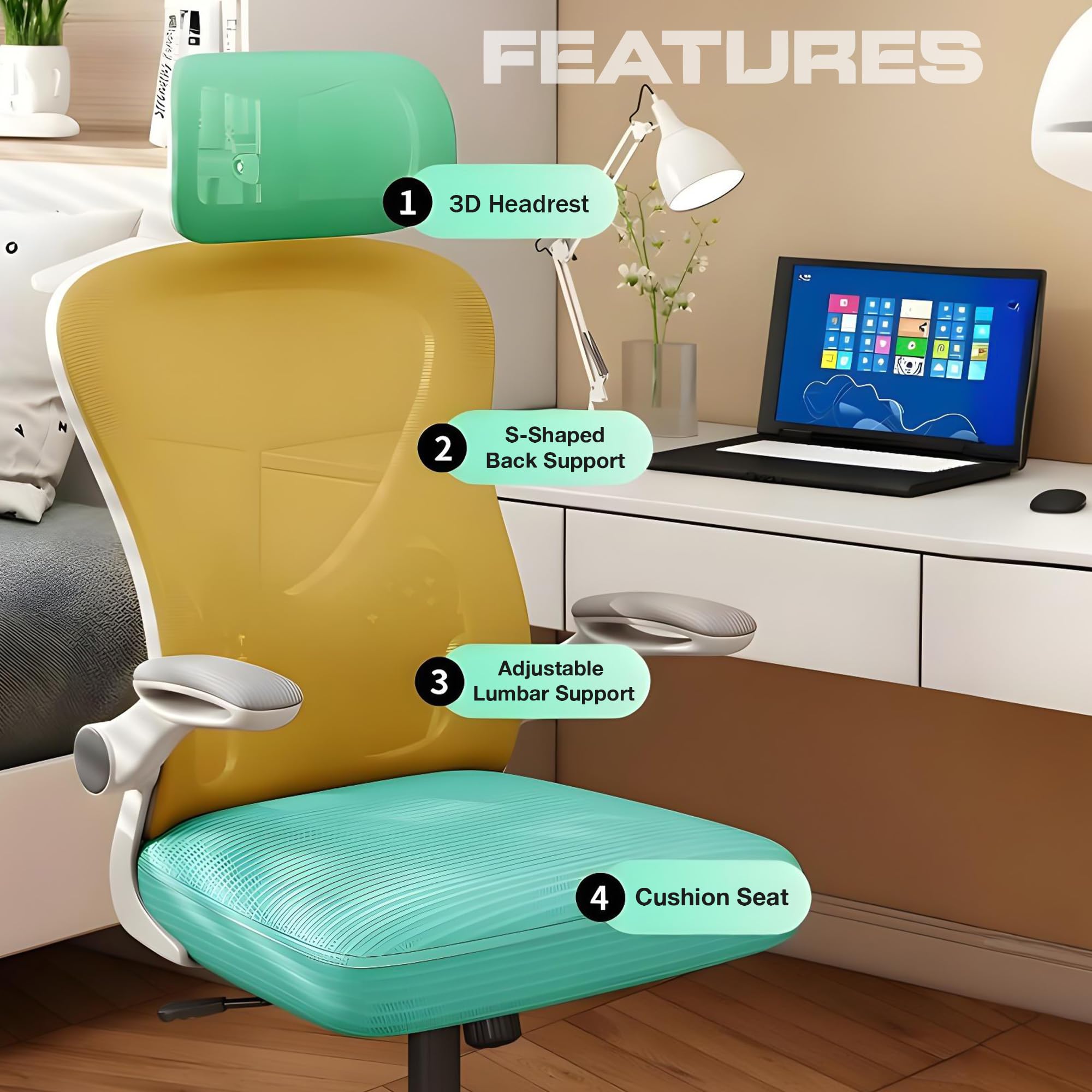 Drogo Ergonomic Office Chair for Work from Home with Breathable Mesh, Flip-up Armrest