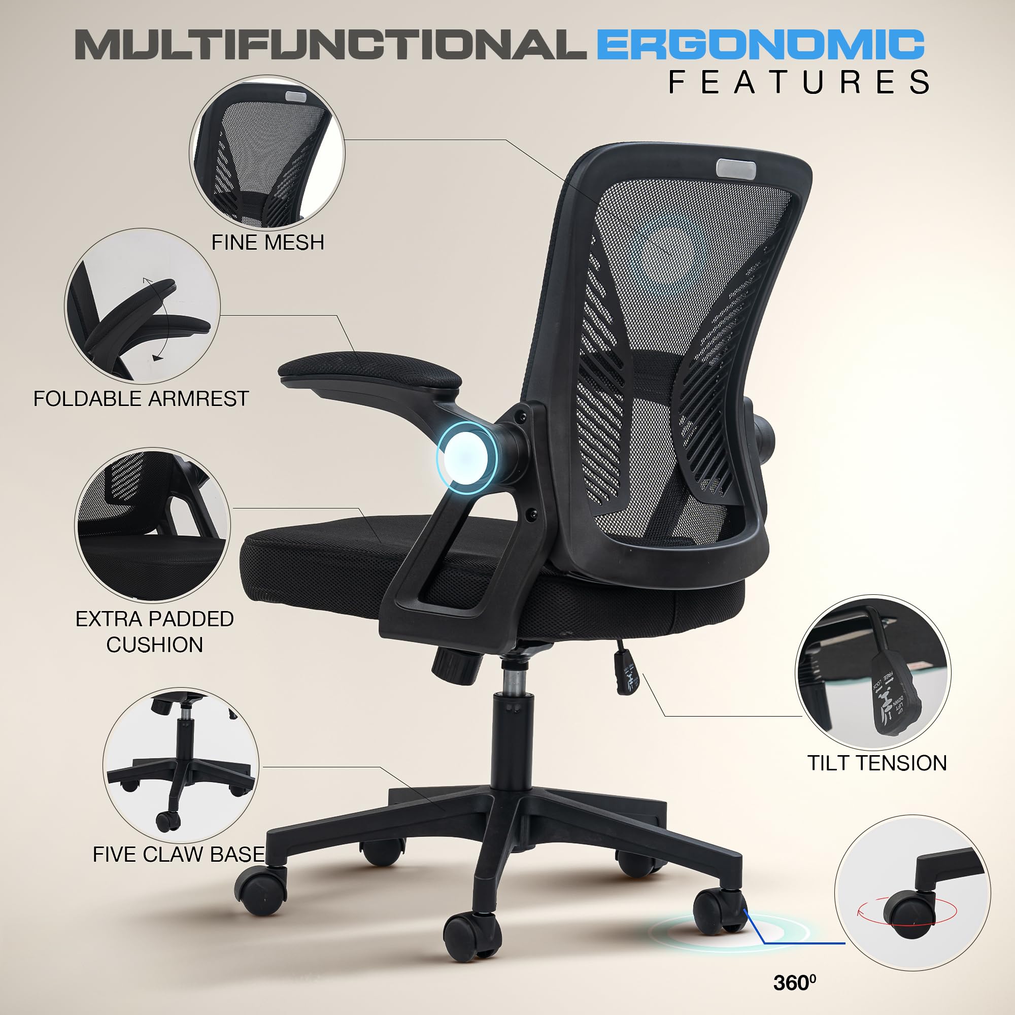 DROGO DynamicWing Ergonomic Office Chair for Work from Home, High Back Computer Chair with Flip Up Armrest