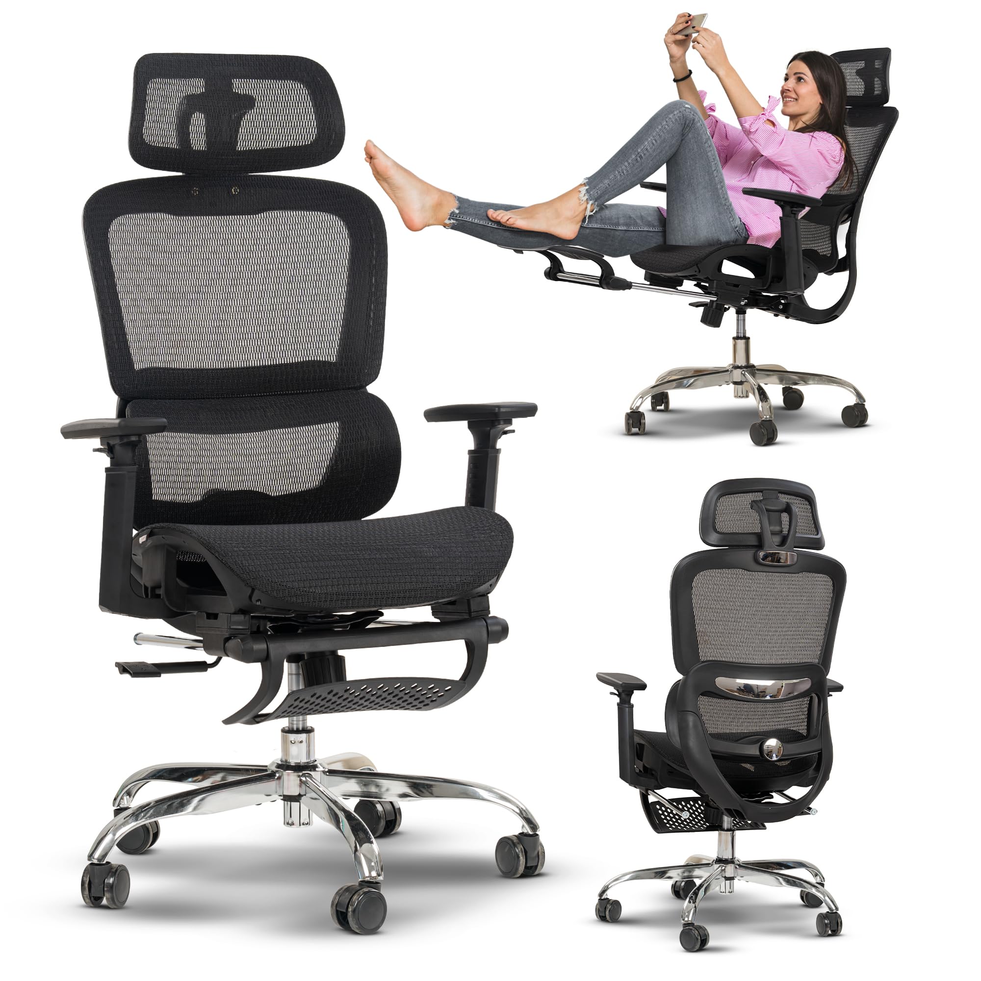 Drogo ProFlex Ergonomic Office Chair for Work from Home, Computer Chair with Adjustable Seat, 3D Armrest, Footrest, Recline 2D Headrest & Lumbar Support